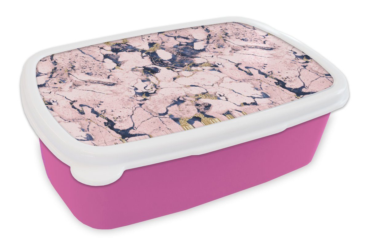 MuchoWow Lunchbox Marmor - Gold - Rosa - Blau - Muster, Kunststoff, (2-tlg), Brotbox für Erwachsene, Brotdose Kinder, Snackbox, Mädchen, Kunststoff