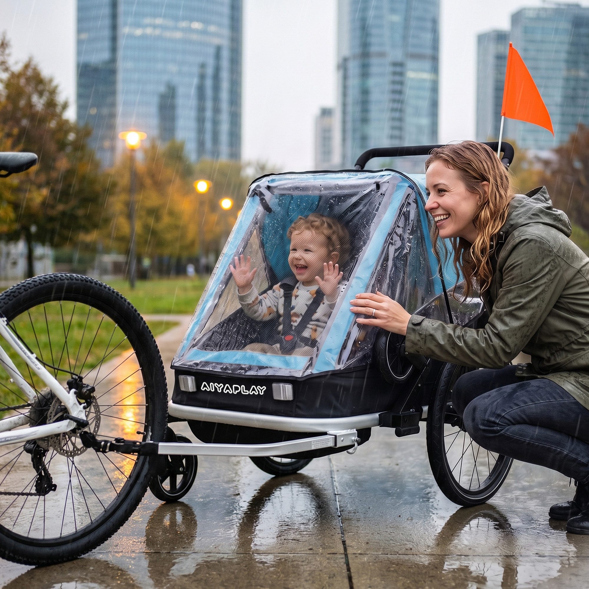 AIYAPLAY Fahrradkinderanhänger 2-Sitzer Faltbar Kinderfahrradanhänger, 2-in-1 klappbar, für 2 Kinder, Reflektoren