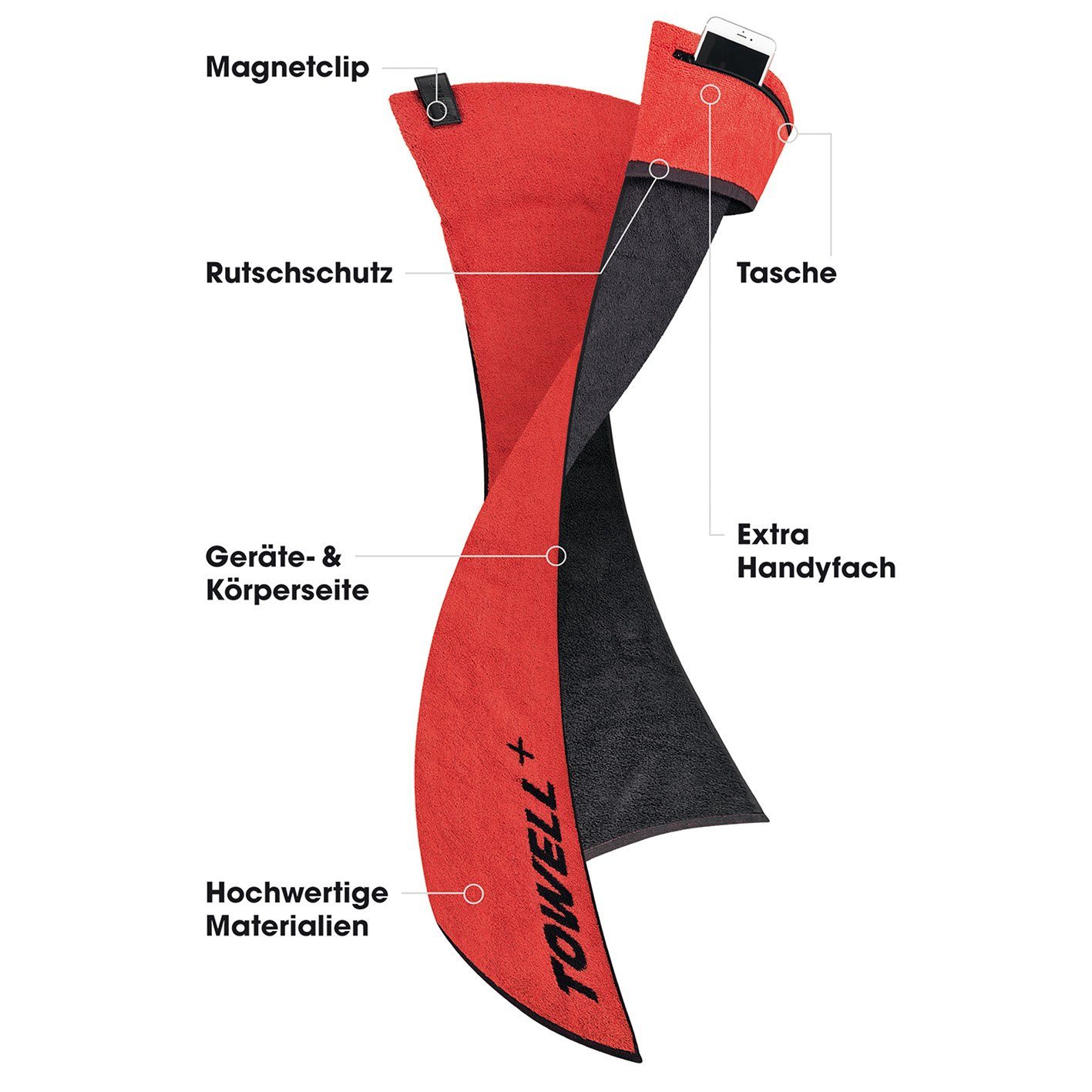 Stryve Sporthandtuch Sporthandtuch mit Tasche & Magnetclip, rot/schwarz, 100 x 50 cm, Bekannt aus Die Höhle der Löwen – Bild 5 von 5