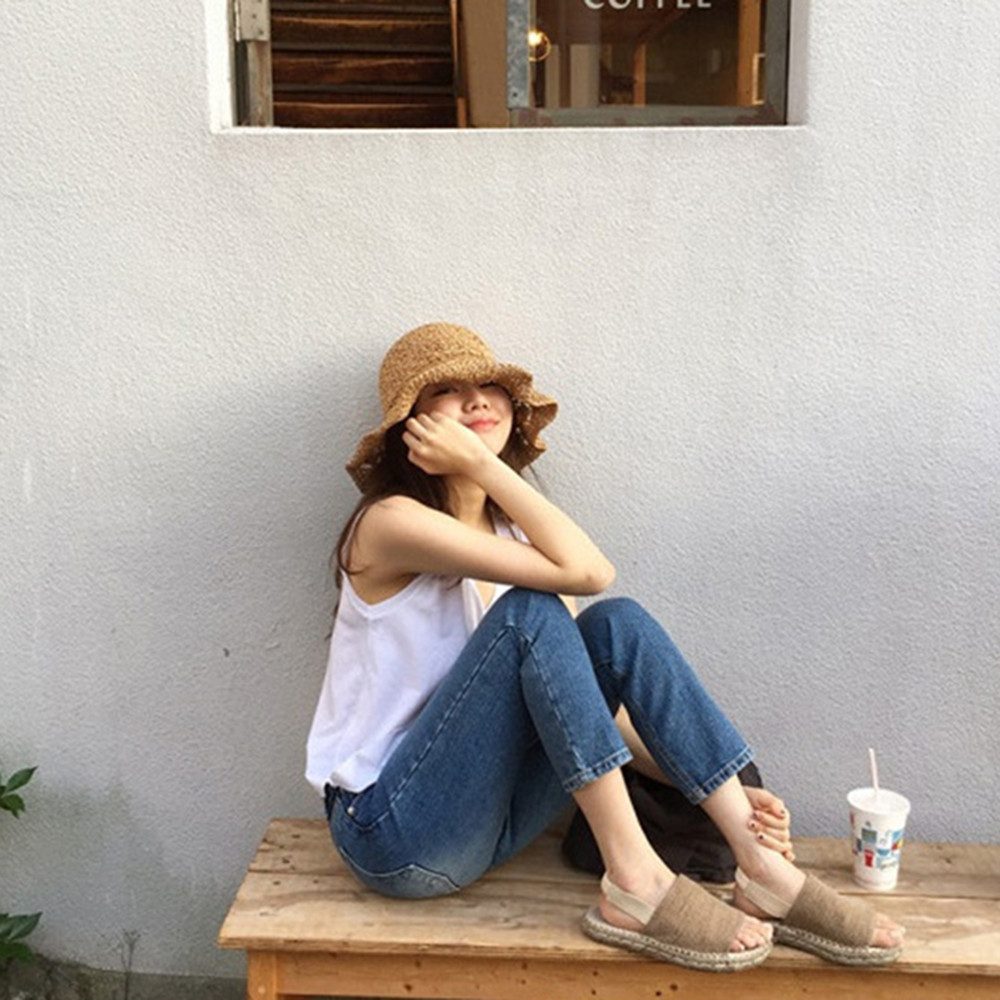 Zaewry Strohhut Breite Krempe Sonnenhut Sommerhut Damen Strandhut Faltbar Strohhut Einheitgröße wellenförmiger Rand