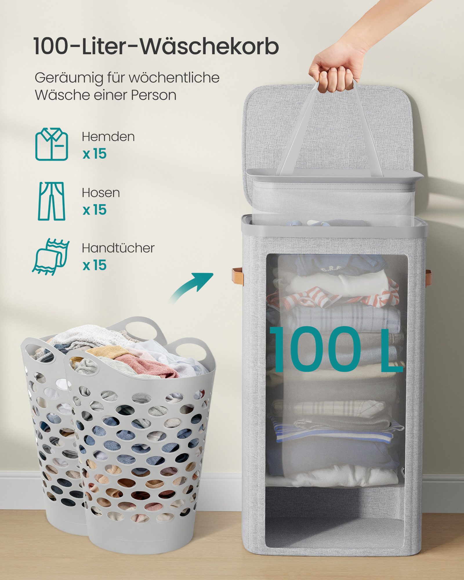 SONGMICS Wäschekorb Wäschetonne, mit Deckel und Griffen, herausnehmbarer Wäschesack, 100 L Wäschesammler, leichter Aufbau, 42 x 32 x 75 cm – Bild 4 von 5