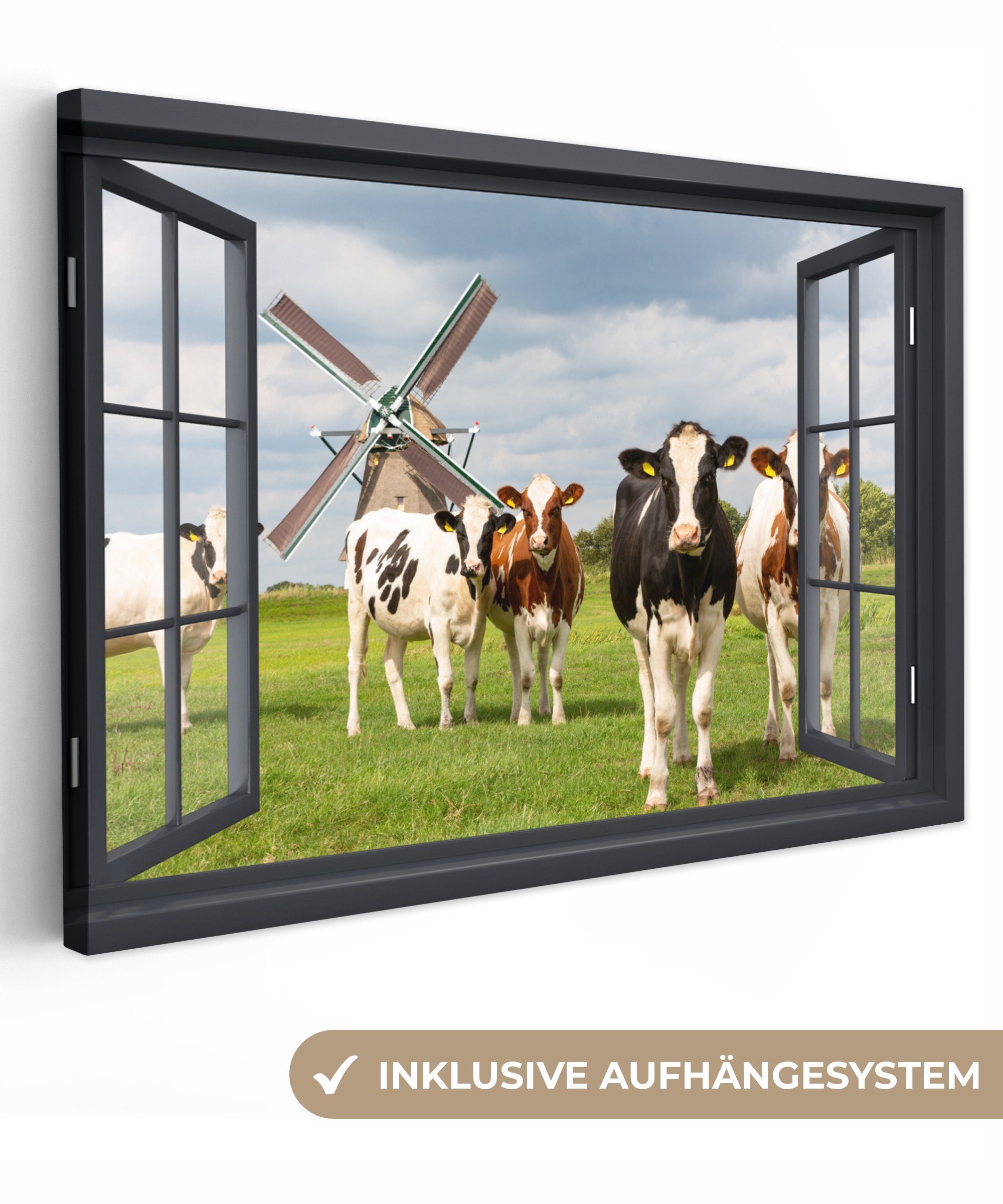 St), XXL, - Kuh Aussicht Gras Gemälde, (1 Wandbild für - - Wohnbereiche, Wiese - Kühe alle großes, Mühle Grün, - - cm Leinwandbild OneMillionCanvasses® 120x80