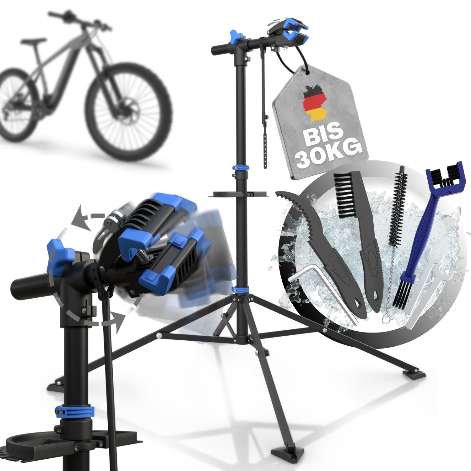 Tarpofix® Fahrrad-Montageständer Fahrrad Montageständer 30 kg klappbar Reparaturständer, Blau: Fahrrad Reparaturständer blau mit 360° Klemmkopf