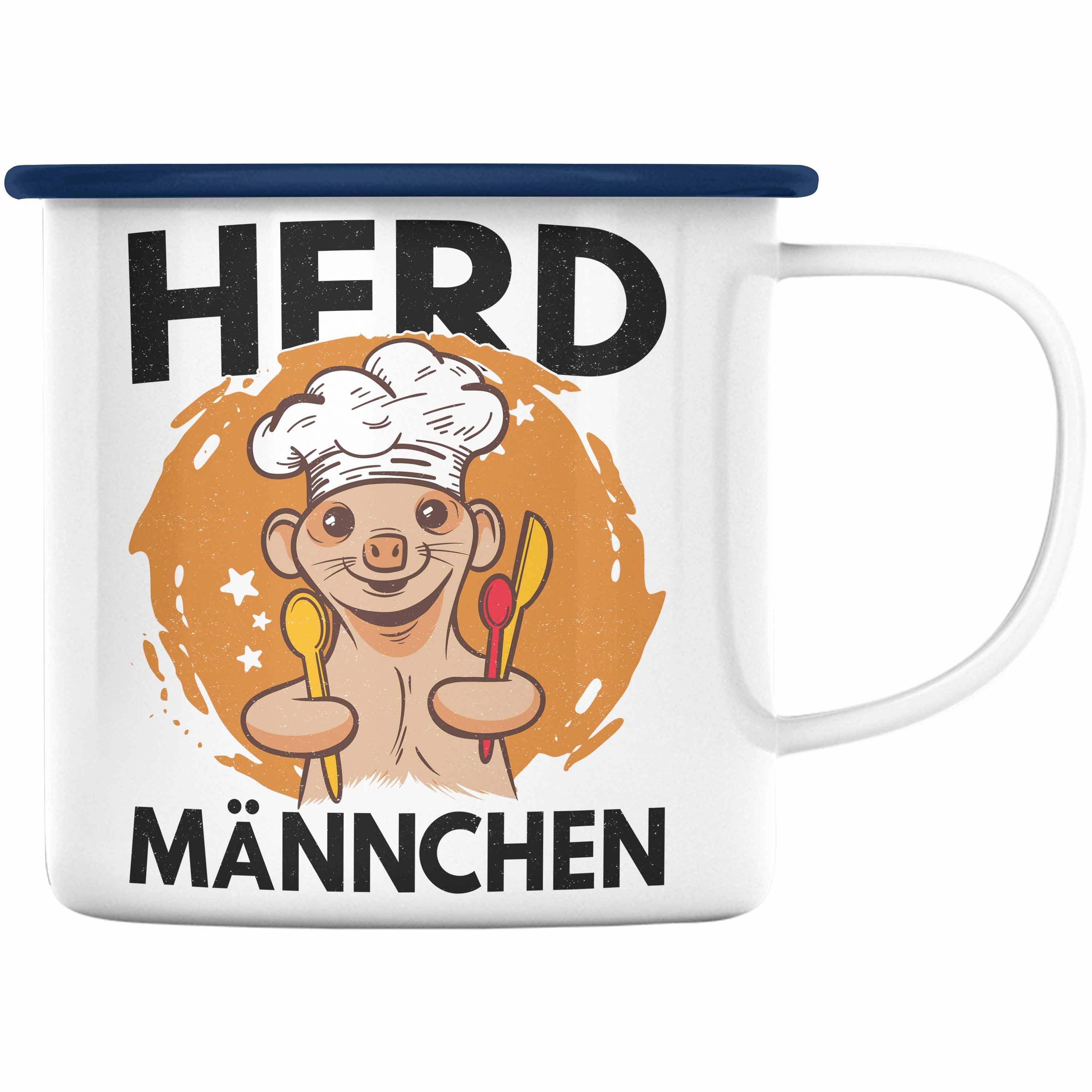 Trendation Thermotasse Trendation - Herd Männchen Koch Geschenk Emaille Tasse Sternekoch Geschenkidee Lustiger Spruch Sei Nett Zu Mir Ich Koche Dein Essen Blau