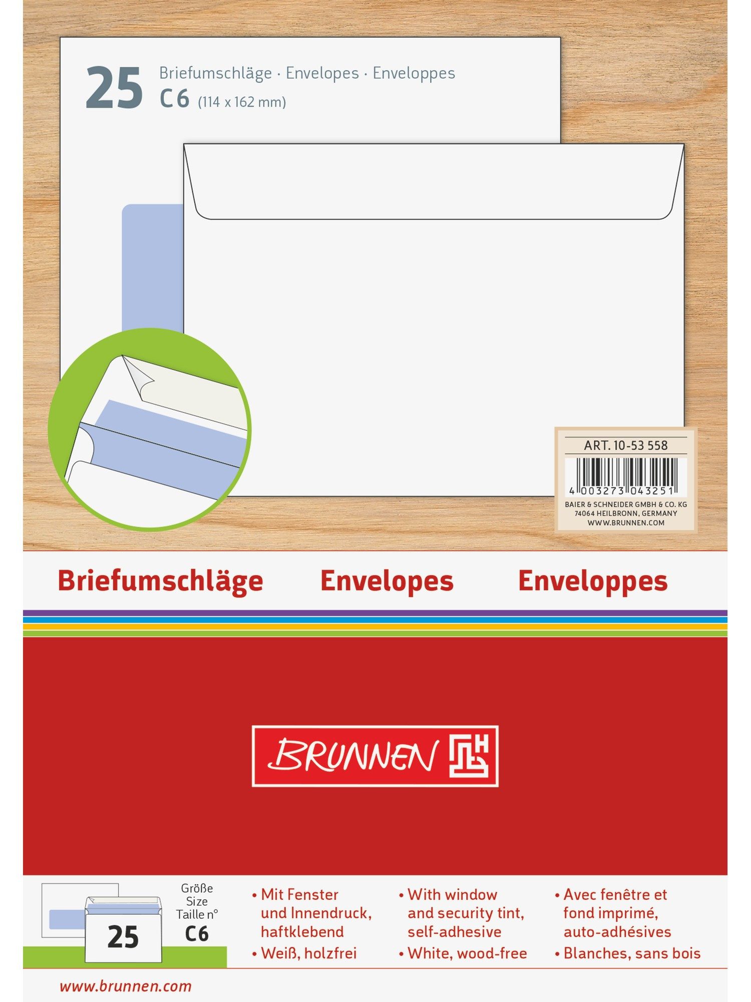 Baier & Schneider Briefumschlag Briefumschläge mit Fenster C6 weiß 25 Stück, folienverpackt