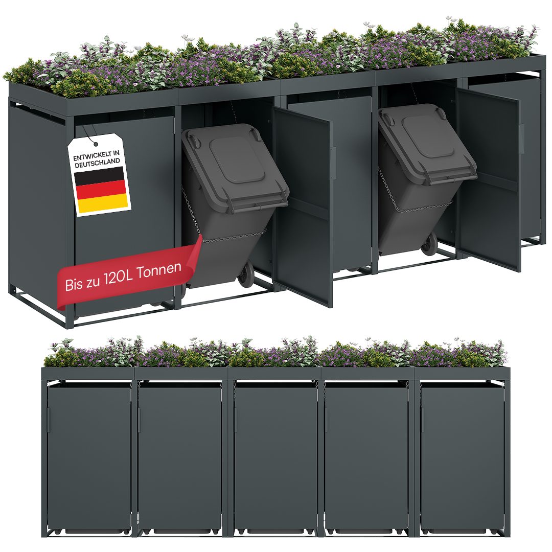 STEELSØN Mülltonnenbox Thoria mit Pflanzendach, Mülltonnenverkleidung aus Stahl (Anthrazit, 120 L, verfügbar mit 1, 2, 3, 4, oder 5 Türen), für 5 Tonnen
