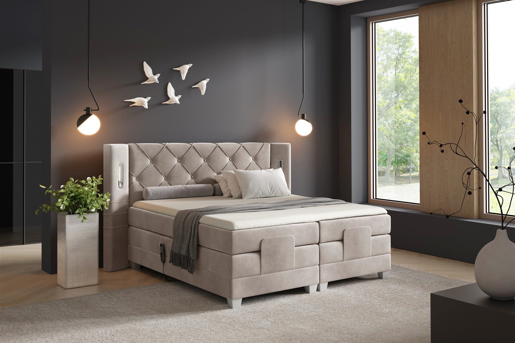 Fun Möbel Boxspringbett Schlafzimmerbett FUN NAREA Elektrisch in Stoff Fresh, Fuß- und Kopfteil elektronisch verstellbar, mit Ambientebeleuchtung