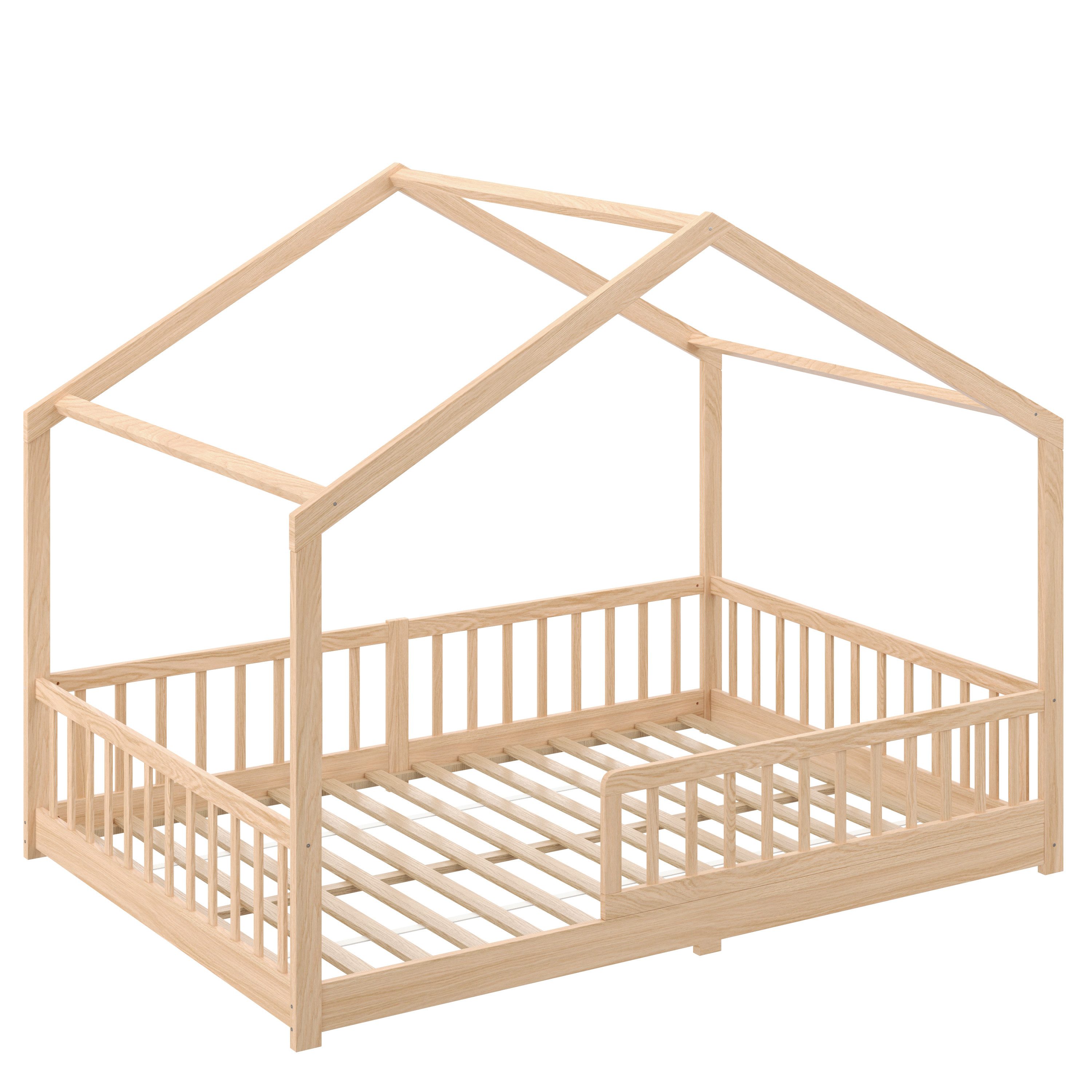 CADANI Kinderbett Malte Hausbett Bodenbett Rausfallschutz abnehmbar bis 200 kg belastbar (140x200 cm, Montessori Kinder- & Jugendbett aus Kiefer Massivholz), inkl. stabilem Roll-Lattenrost, langfristig nutzbar, Natur