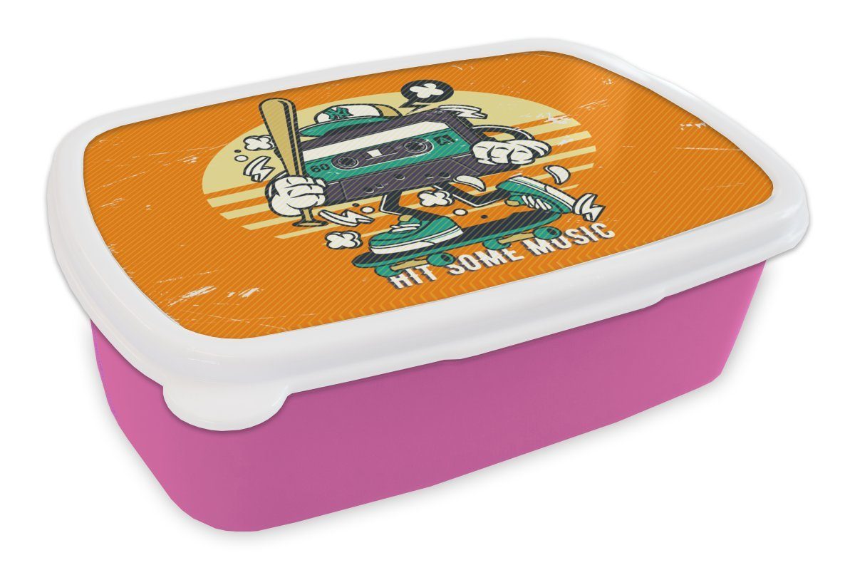 MuchoWow Lunchbox Kassettenkassetten - Baseballschläger - Vintage, Kunststoff, (2-tlg), Brotbox für Erwachsene, Brotdose Kinder, Snackbox, Mädchen, Kunststoff rosa