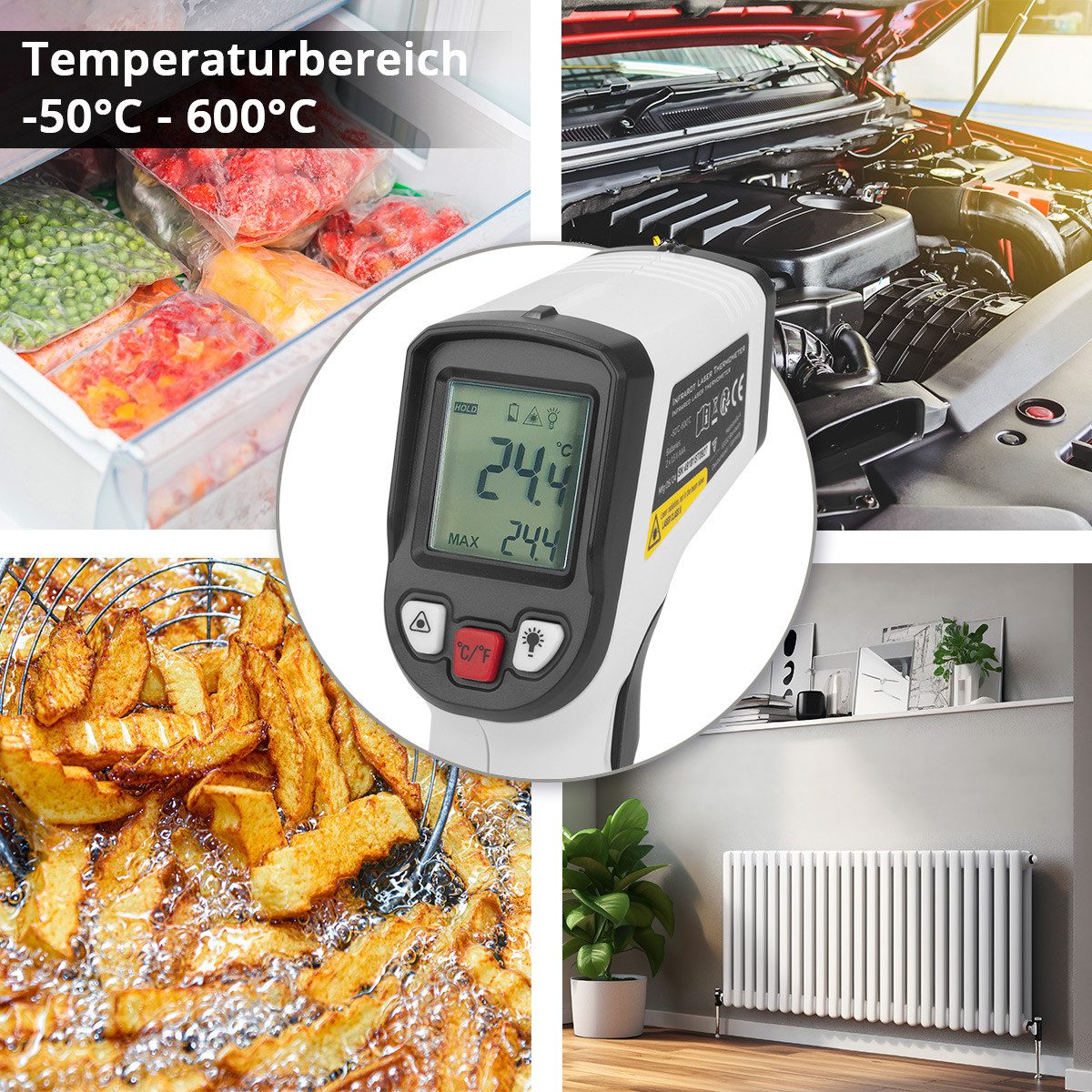 STAHLWERK Feuchtigkeitsmesser Infrarot Laser Thermometer -50C° - 600°C Pyrometer Temperaturmessgerät, (Set, Set), Temperaturbereich von -50C° bis 600°C – Bild 4 von 5