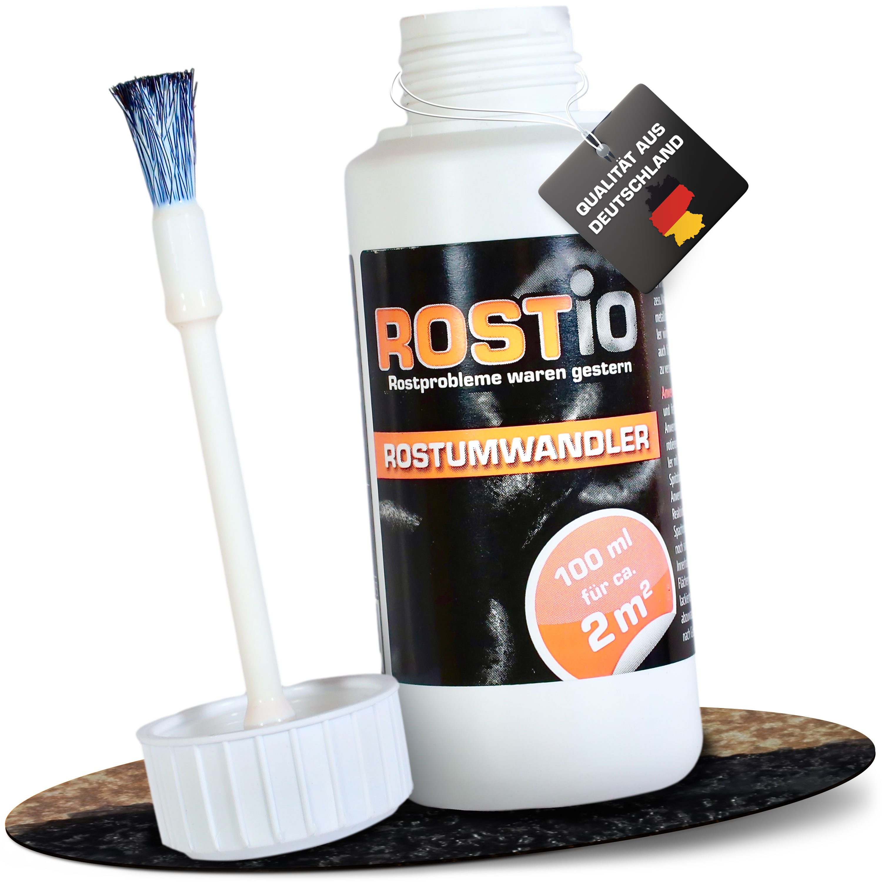 Rostio Rostschutzgrundierung ROSTIO Rostumwandler 100ml mit Pinsel - Rostkonverter, 1-tlg., Rostumwandler & Grundierung in einem. Kein abwaschen erforderlich