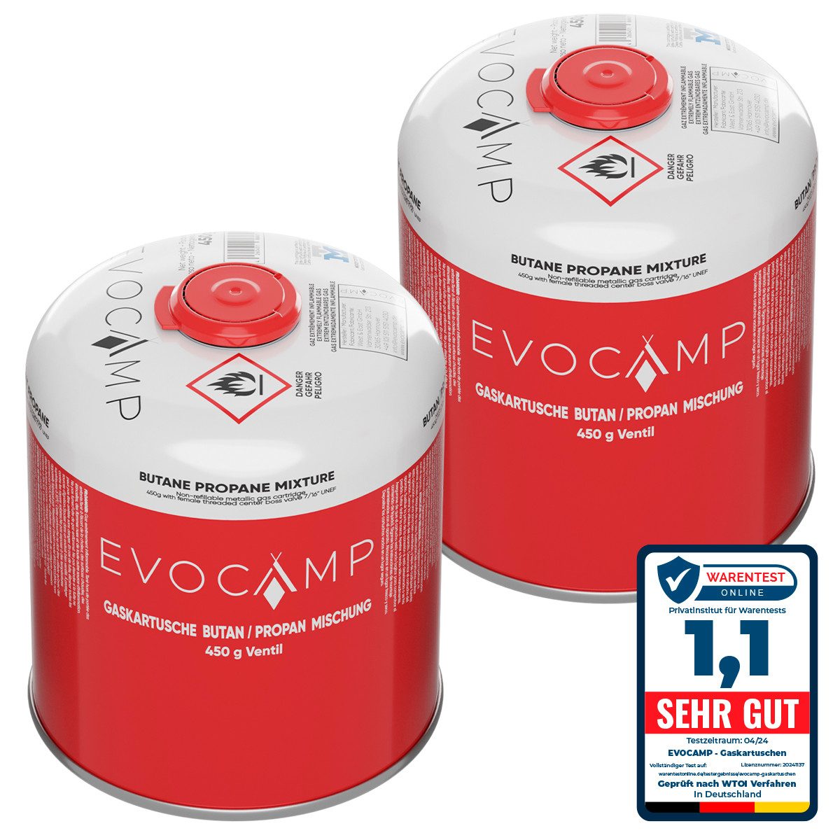 EVOCAMP Gaskartusche 2x Propan Butan 450g, Schraubkartusche Eurogewinde 7/16", Zubehör für Weber Grills Q100-1200-Serien, 2 St.