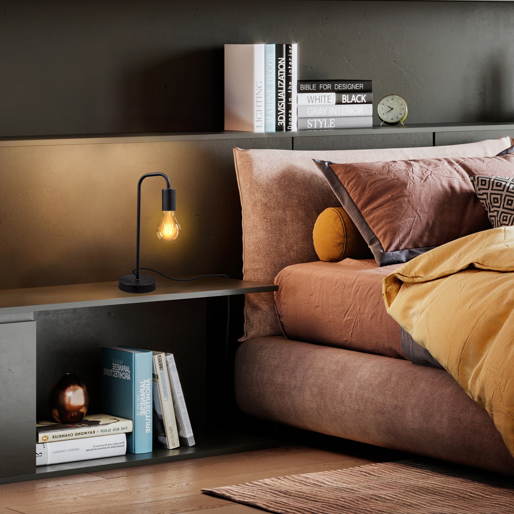 B.K.Licht Tischleuchte BK_TL1381 Retro Tischlampe, Gebogen, Matt-Schwarz, E günstig online kaufen