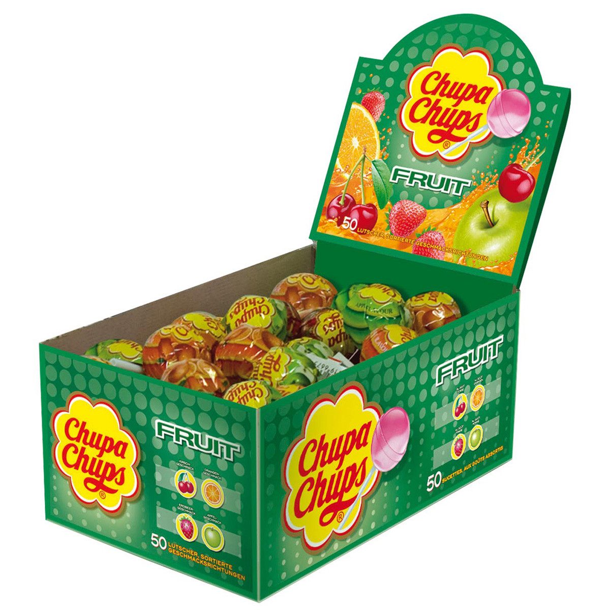 Chupa Chups Süßigkeit, Chupa Chups Fruit Fruchtige Lollis im 50er Kassendisplay 600g