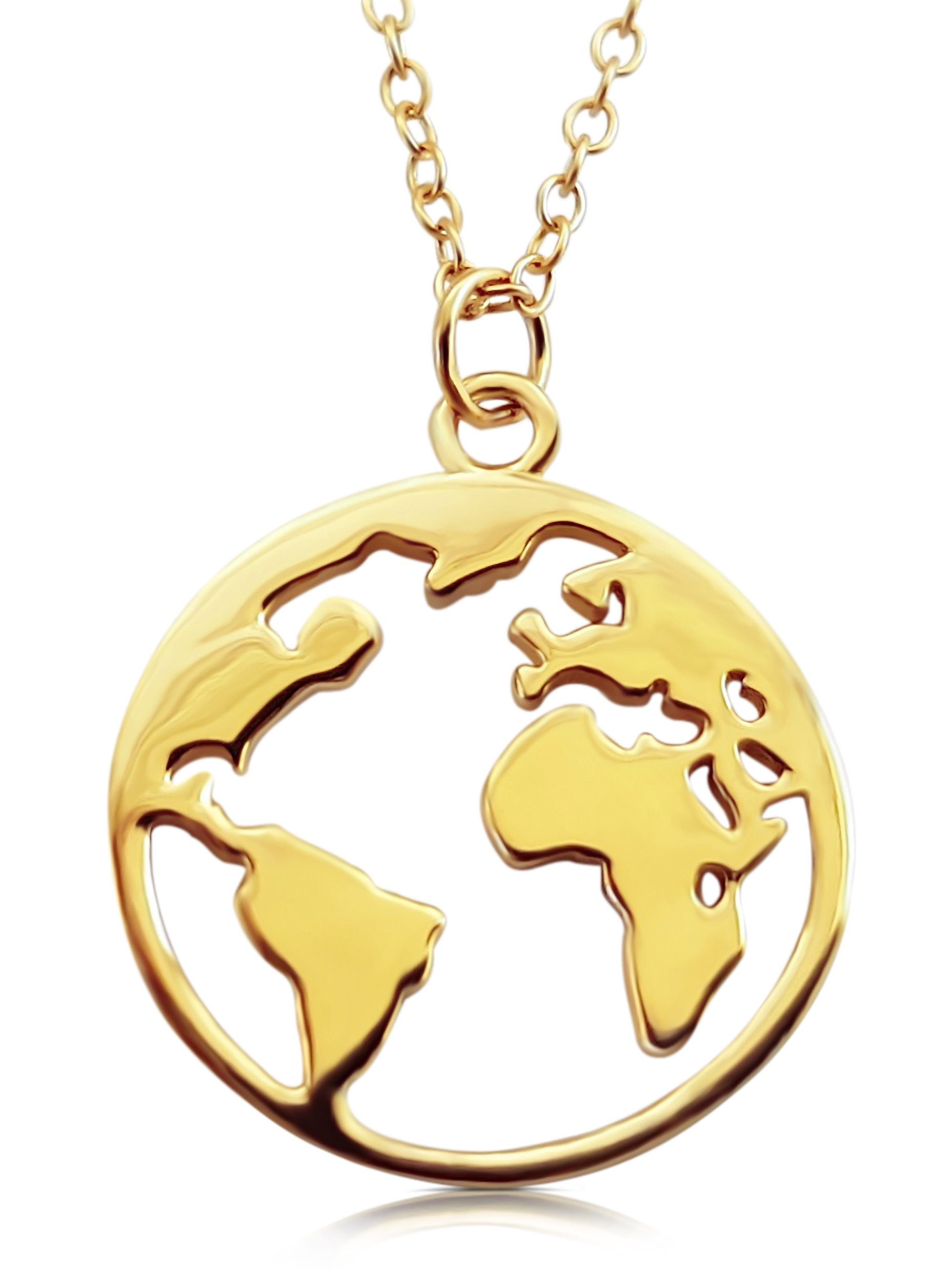 VIASOUL Kette mit Anhänger Weltkugel I Weltkarte Halskette für Damen Welt I Mit Zertifikat, stahlender Glanz Gold