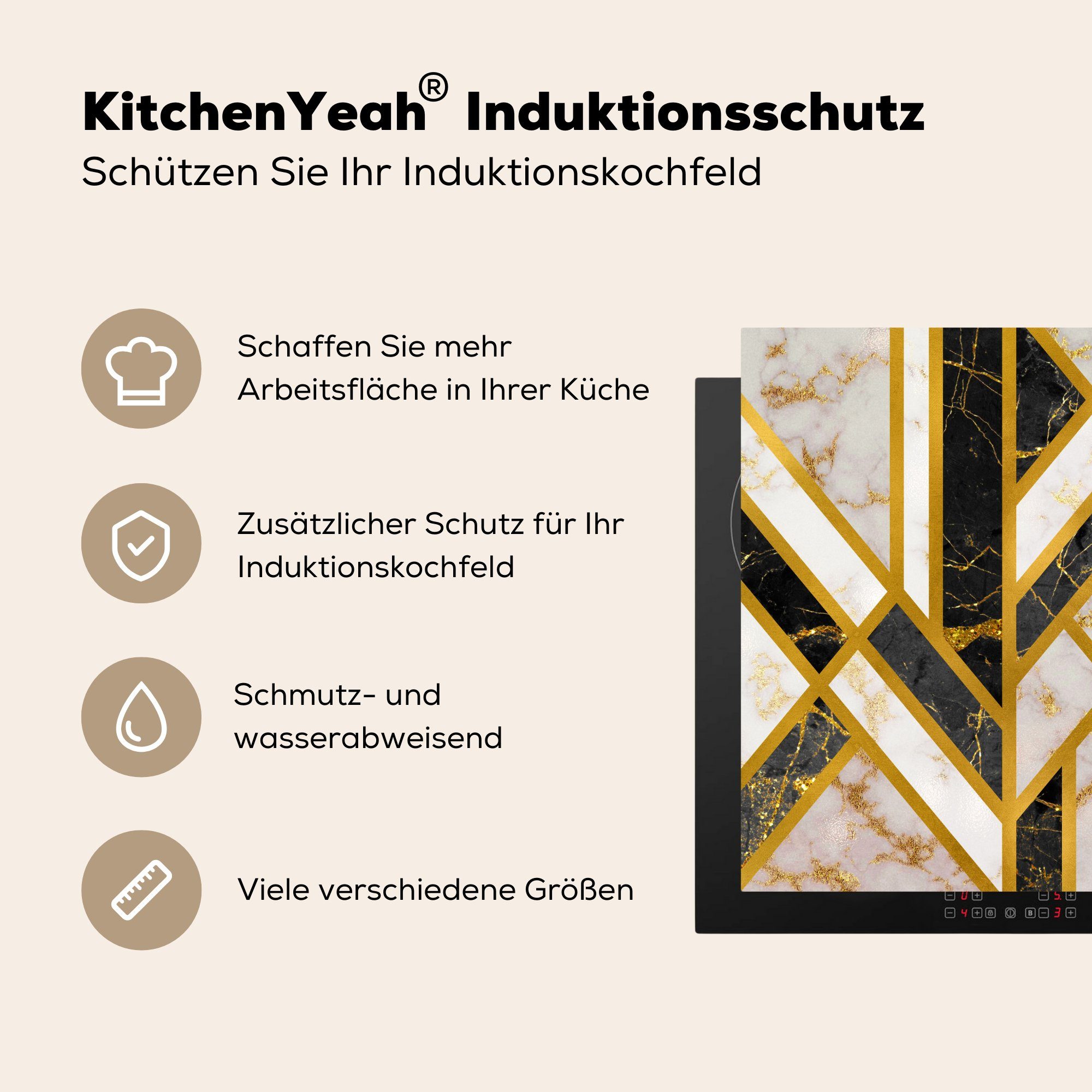 MuchoWow Herdblende-/Abdeckplatte Marmor küche Arbeitsplatte cm, - 78x78 tlg), - Gold Luxus, Vinyl, Ceranfeldabdeckung, (1 für