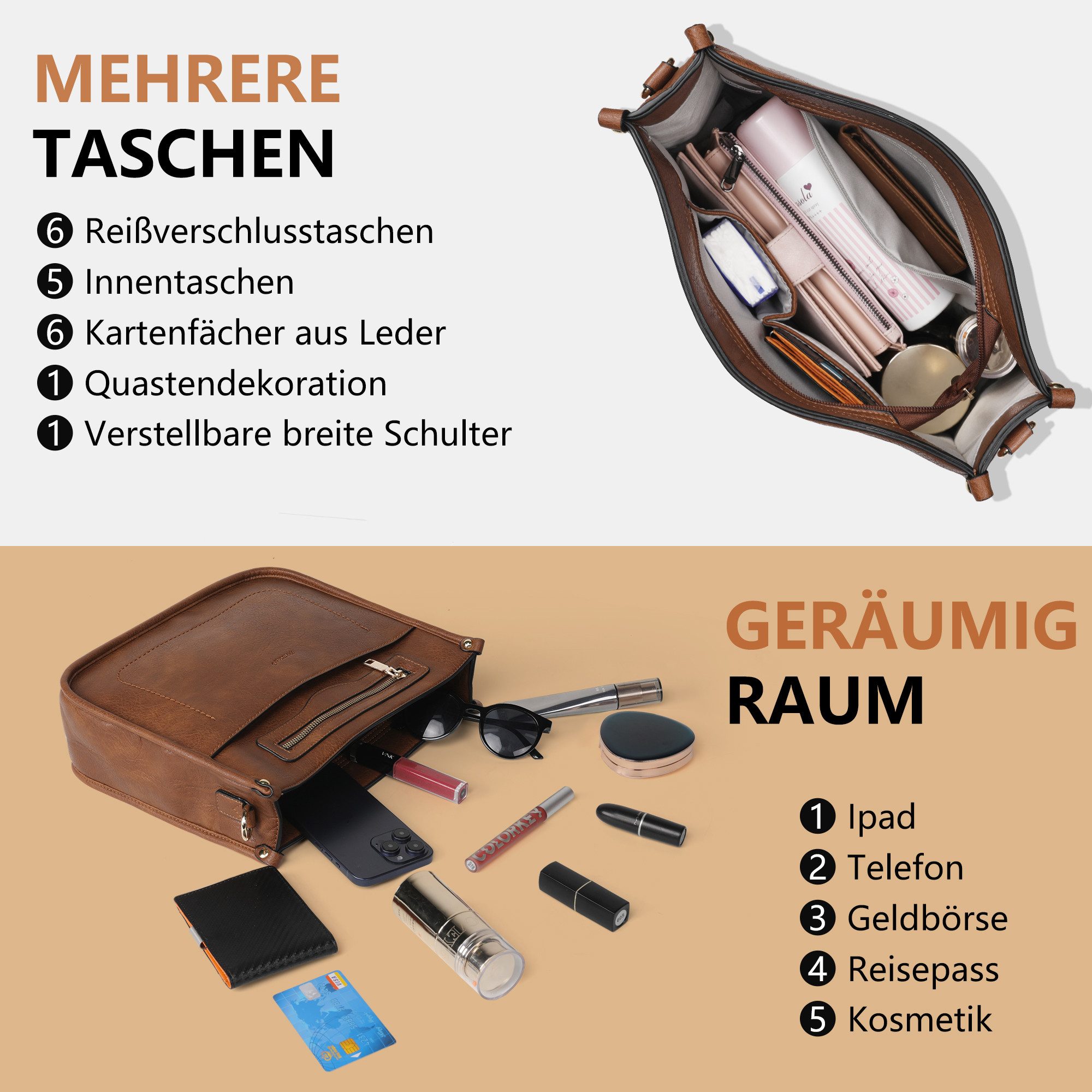 TAN.TOMI Umhängetasche Damen Handtasche mittelgroß Crossbody Bag multi pochette tasche, Damenhandtasche mit Verstellbar Breitem Schultergurt