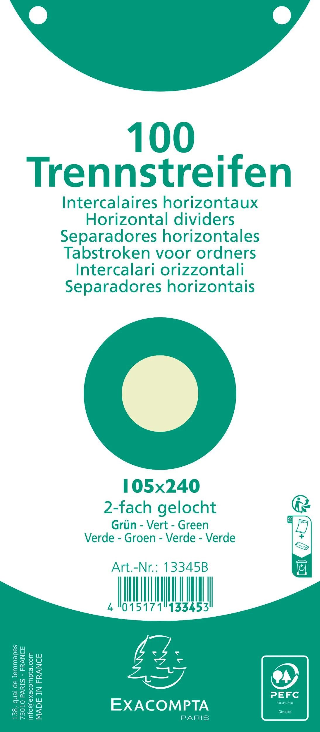 EXACOMPTA Aktenordner 12x Pack 100 Trennstreifen 2-fach gelocht Karton 105x240mm Grün 13345B, Register