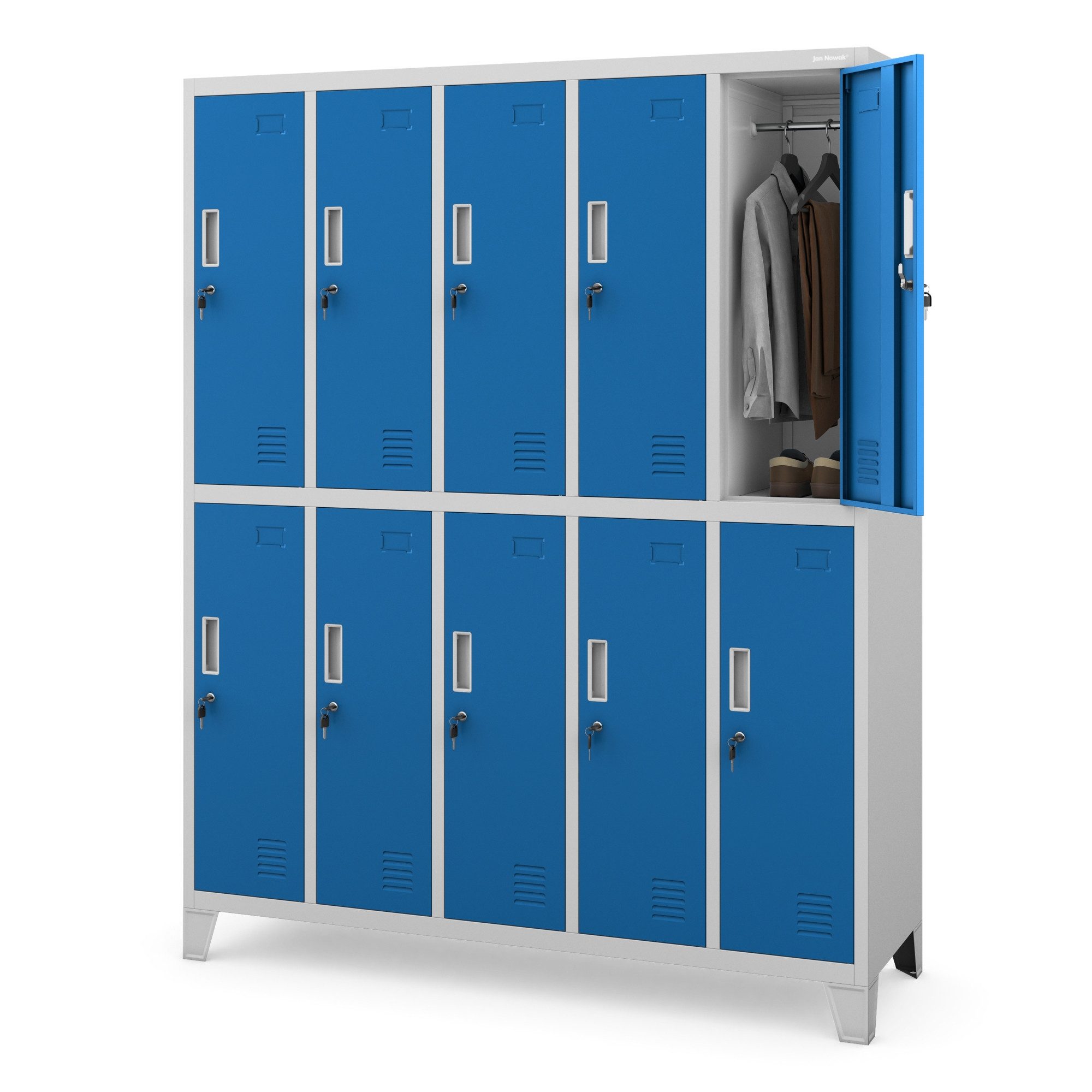 Jan Nowak Mehrzweckschrank Metall Kleiderspind 136 cm BARTEK 10 Fächer abschließbar Stahl (Stahl pulverbeschichtet PZH-zertifiziert) Garderobenschrank Schloss je Fach hoch robust 12 Farben PZH