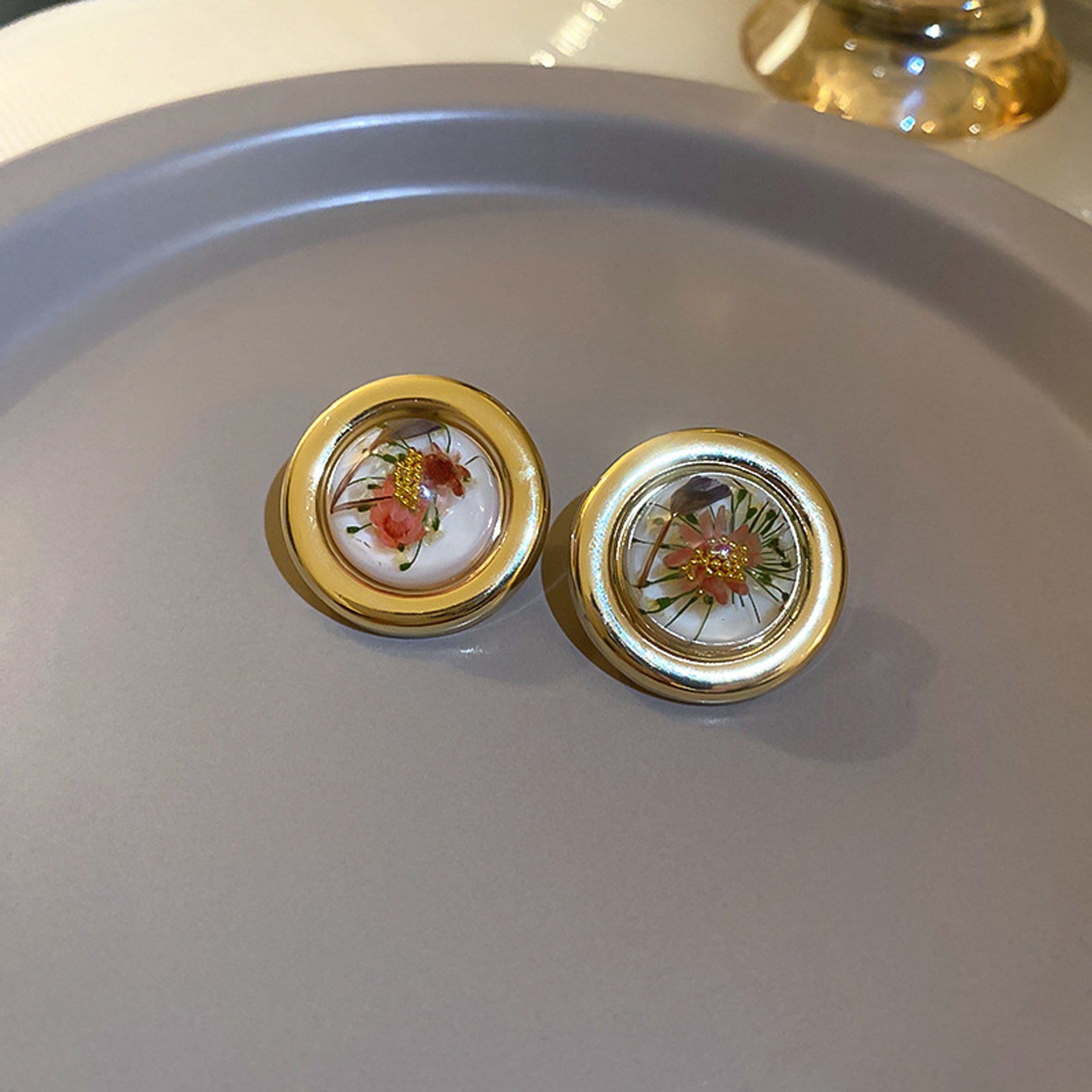 Ohrstecker Ohrstecker vergoldet Getrocknete Kreis Blume Ohrringe, GOLDEN Echte Quadrat Paar