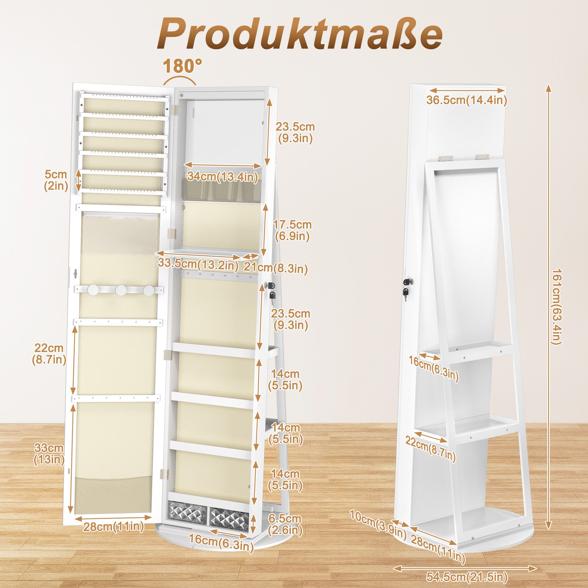 FIVMEN Schmuckschrank Spiegelschrank zur Aufhängen Hängend Abschließbar 2 in 1 Drehbare Halterun Wandspiegel und Schmuck Organizer Weiß/Schwarz