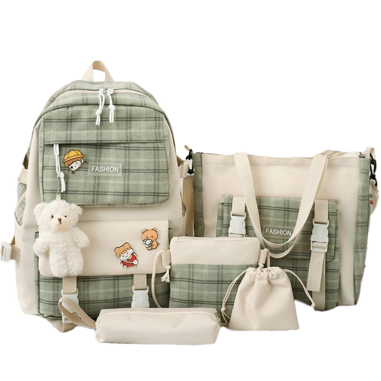 Coonoor Schulrucksack 5-teiliges Kawaii-Rucksack-Set mit Karomuster, Schulranzen, Umhängetasche, Federmäppchen, mit Kawaii-Bärenanhänger
