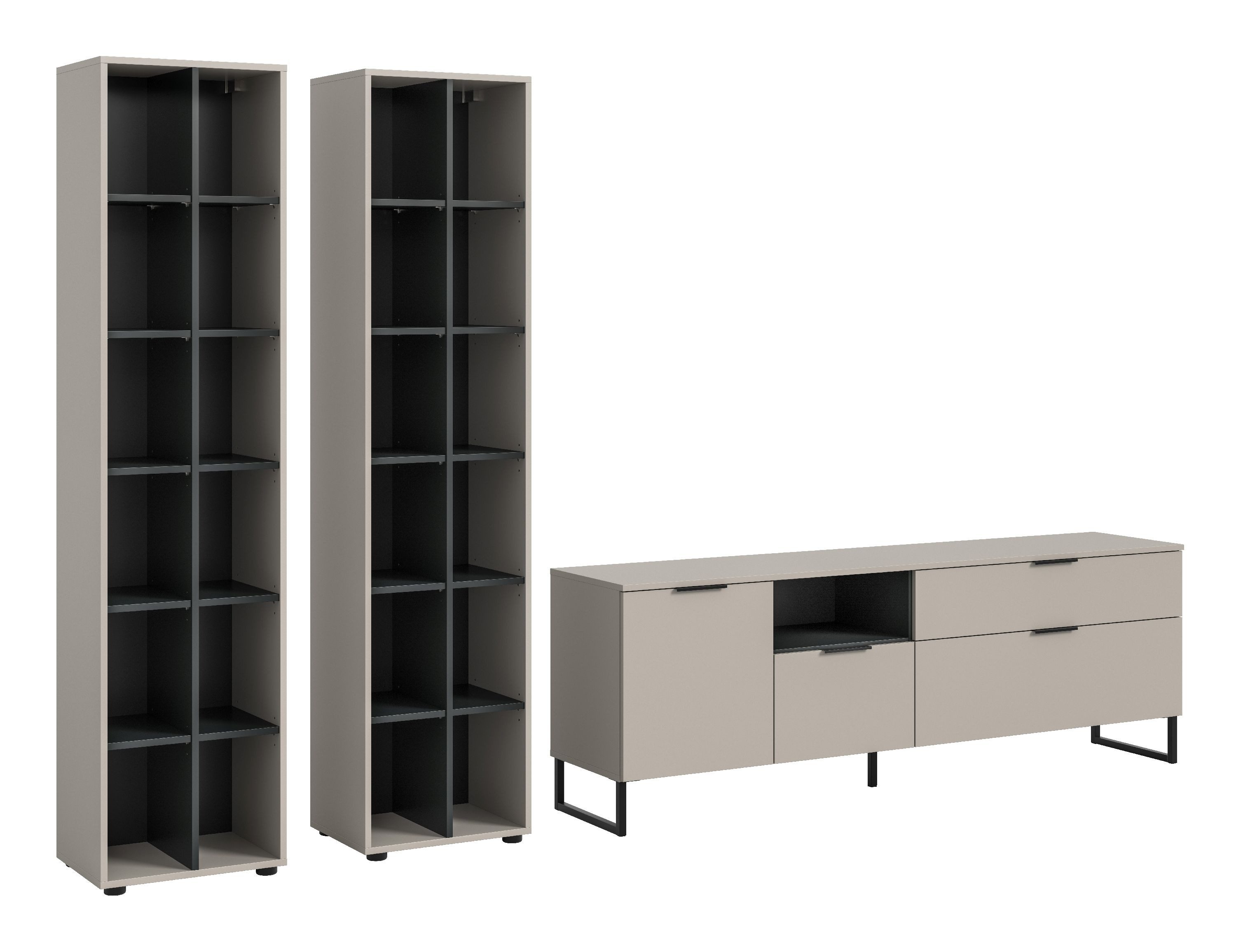 xonox.home Wohnwand, (3tlg. Set inkl. Stauraumregal, Tv Lowboard), Kaschmir Nachbildung Melamin beschichtet 305x192x41 cm