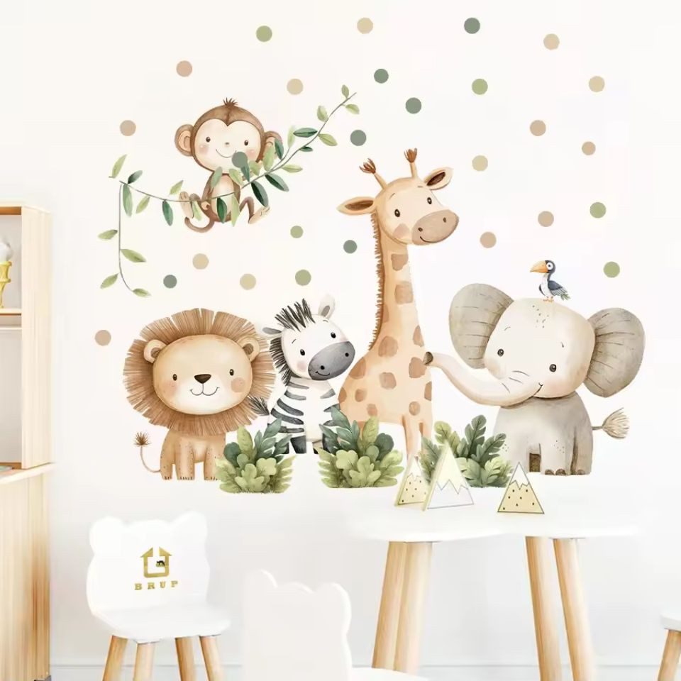 Montegoni Wandsticker Selbstklebende Cartoon Dschungel Tiere Wandaufkleber für Kinderzimmer (stück, 1x Set mit selbstklebenden Cartoon Dschungel Tiere Wandaufklebern), Selbstklebend, wasserdicht, schimmelresistent, bunte Dschungel-Tiere