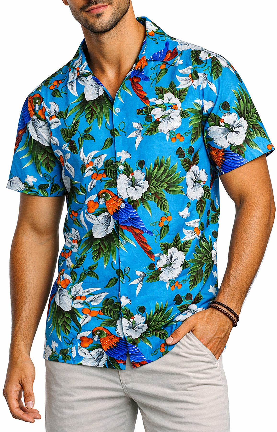 King Kameha Hawaiihemd "Cherry Parrot" Funky Hawaiihemd Herren Kurzarm Fronttasche Sommerhemd