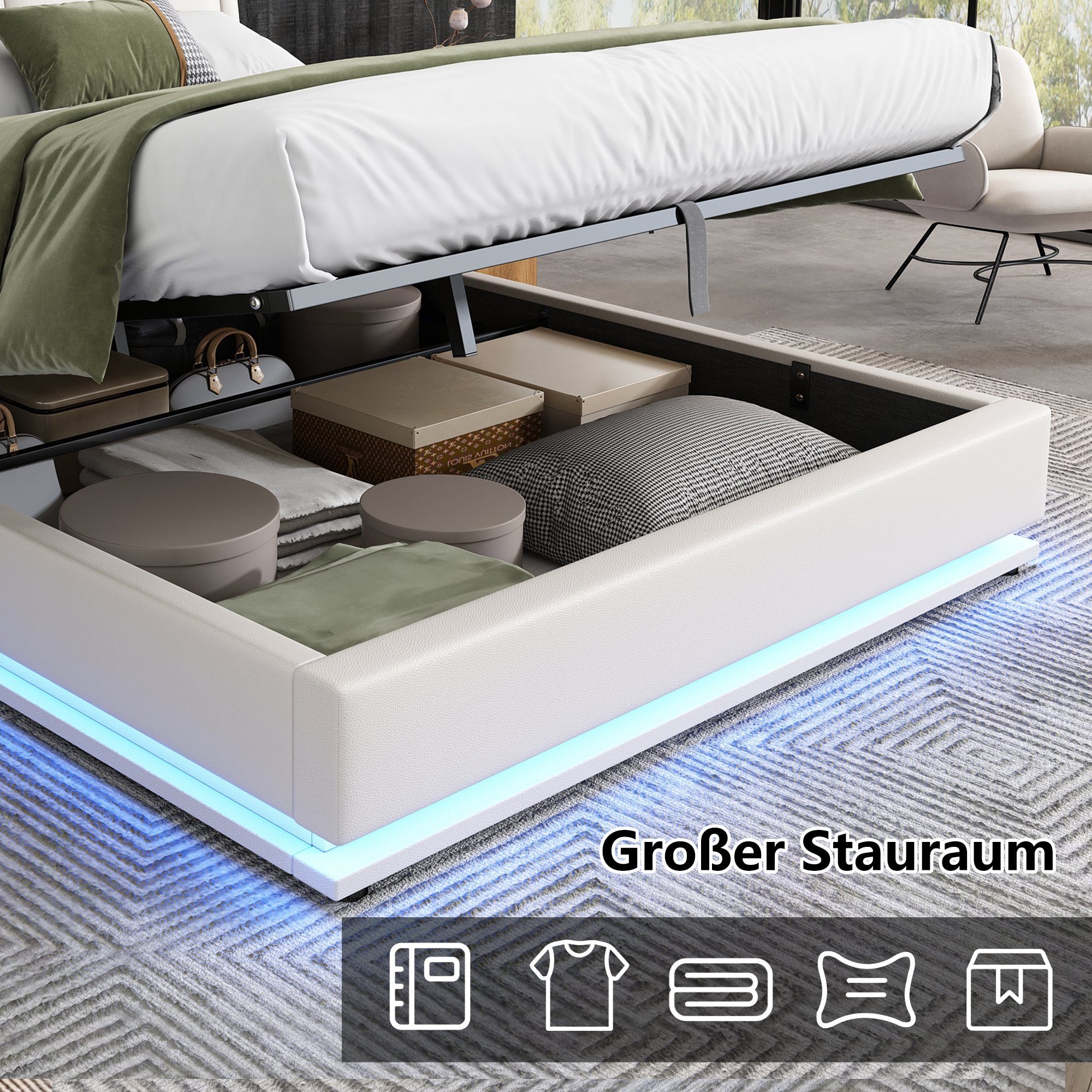 Boxspringbett (Doppelbett 140 x 200 cm mit Lattenrost und LED Beleuchtung), Polsterbett inkl. Hydraulisch anhebbarer Bettstauraum, Kunstleder