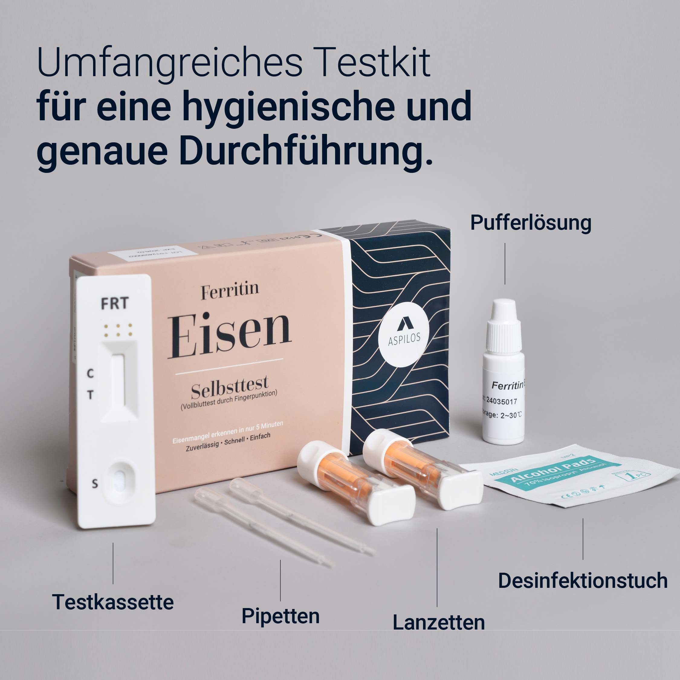 ASPILOS Hämoglobin-Schnelltest Eisen Mangel Selbsttest für Zuhause in 5 Minuten, Bluttest, selbst durchführbar, Ferritin Test, 1-tlg., Ferritin Schnelltest, medizinischer Test, Eisenmangel