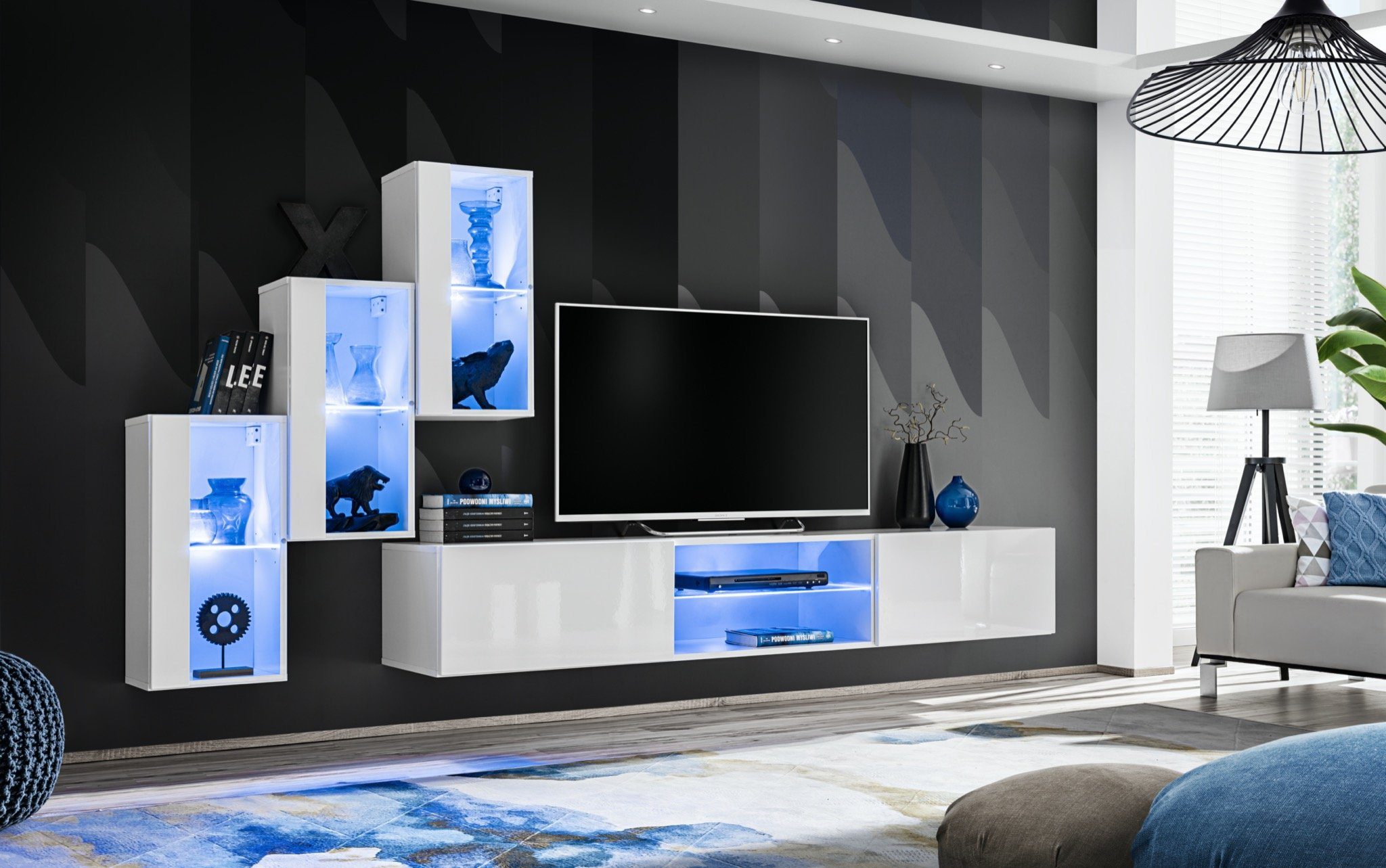 JVmoebel Wohnwand Luxus Wohnwand Neu Ständer Einrichtung + Vitrine), LED TV (4-St., cm beleuchtet Wohnzimmer Modern, Set Hänge 3x 210