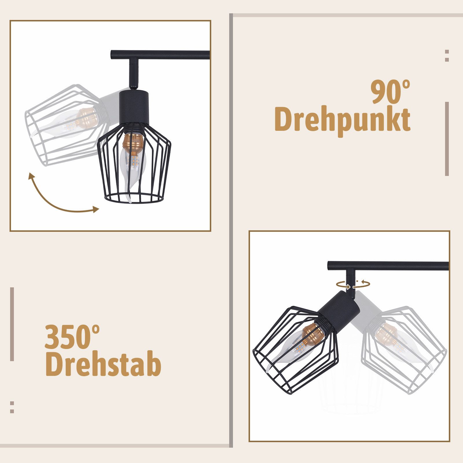 ZMH Deckenleuchte Wohnzimmer 3 Flammig Vintage E14 Deckenstrahler 90° Drehpunkt für Flur, IP20 Staubgeschützt Schwenkbar Vintage Ceiling Spot, ohne Leuchtmittel, Home Flexibilität