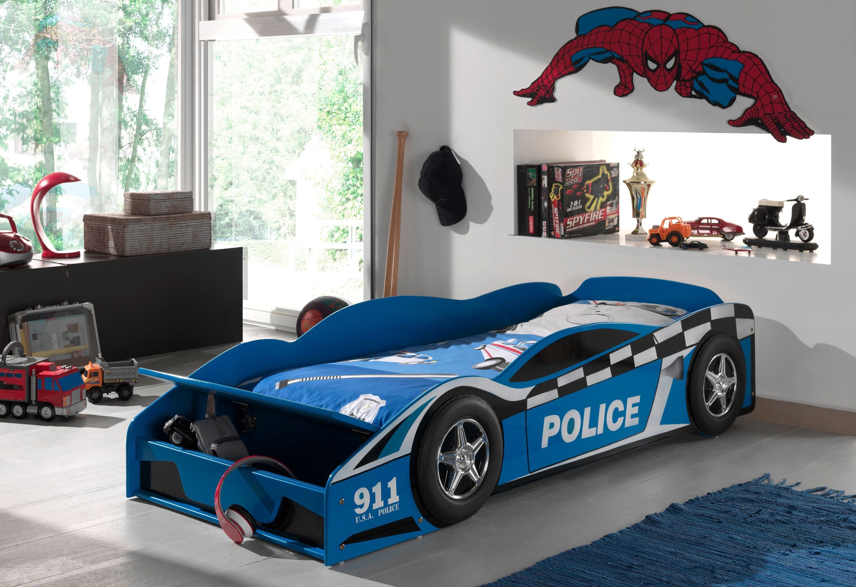 Autobett mit Kinderbett, "Polizei" Lattenrost Vipack