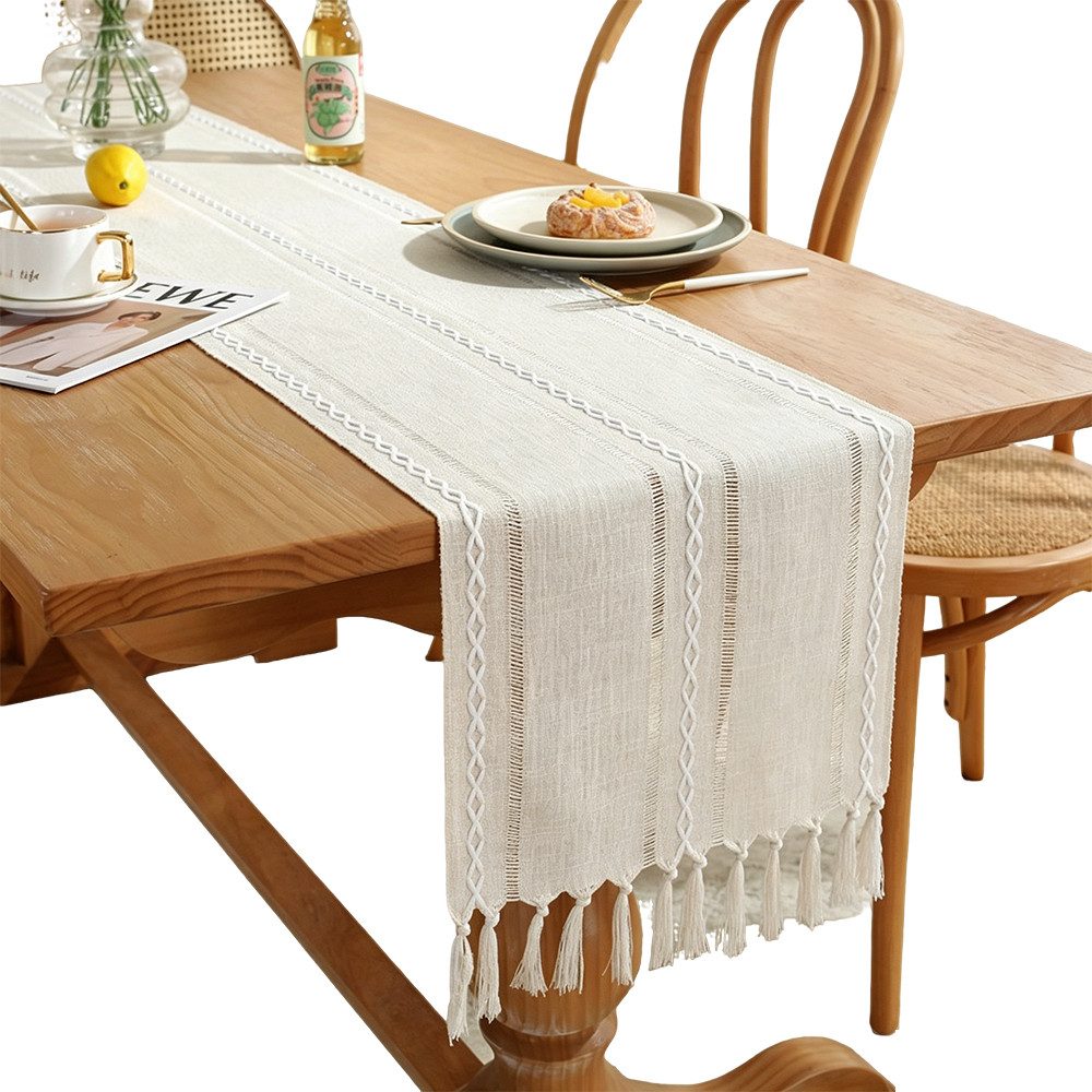 AFKSMILE Tischläufer Tischläufer mit Handquasten, Mode Boho Abwaschbar Tisch Dekoration, Quasten Tischläufer für Heimdekoration Partys, Esszimmer-Dekorationen