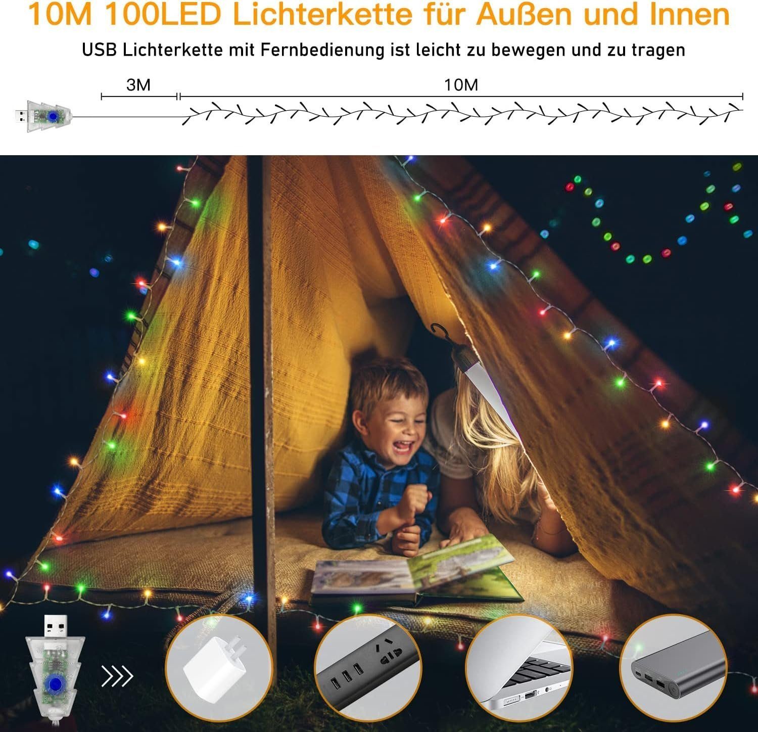 Ollny LED-Lichterkette, 100-flammig, USB-betrieben, 11 Leuchtmodi, dimmbar, Timer-Funktion