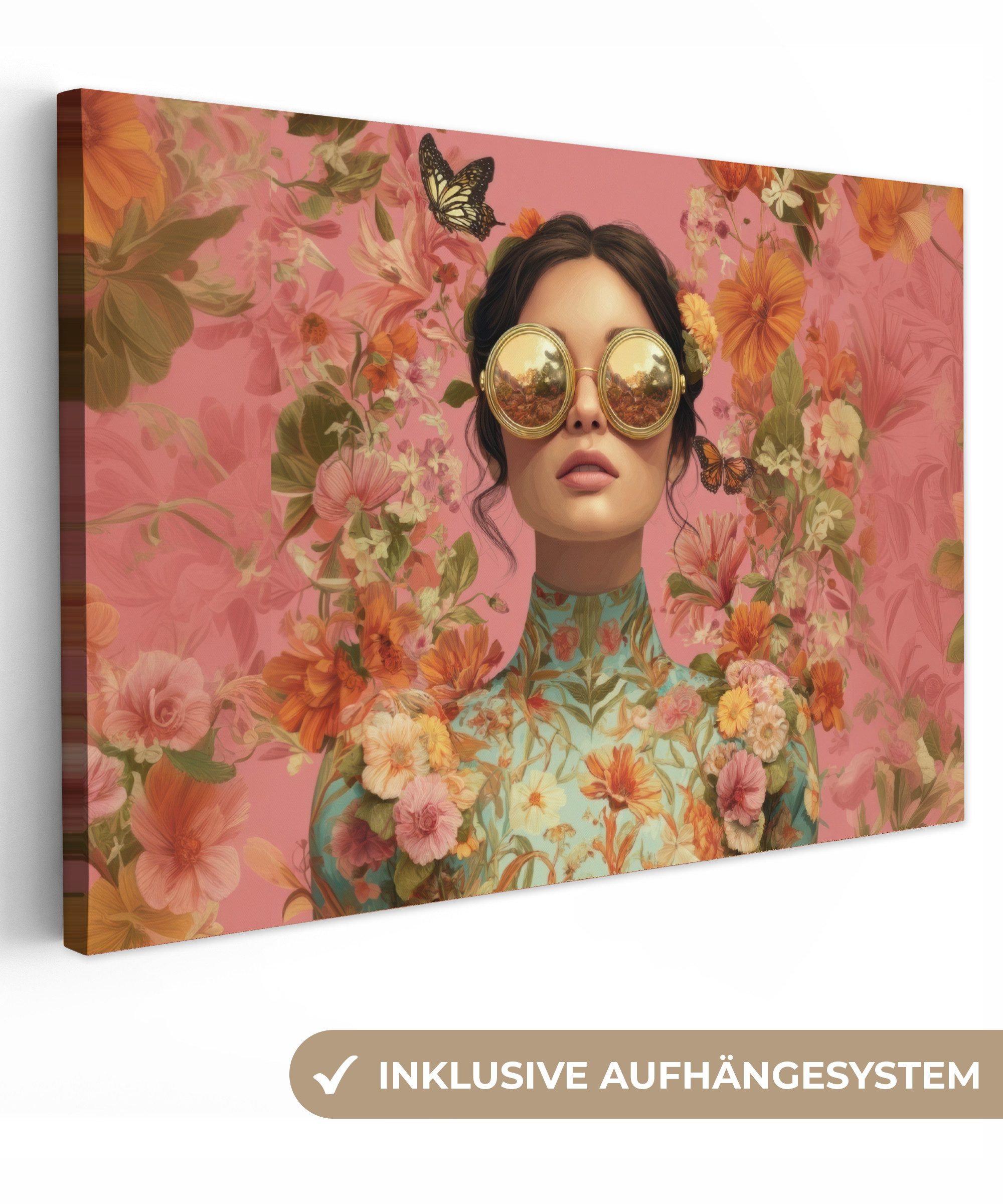 OneMillionCanvasses® Leinwandbild Frau - Brille - Rosa - Blumen, Fotodruck (1 St), Leinwand Bilder Klein, Wand Dekoration Aesthetic 30x20 cm