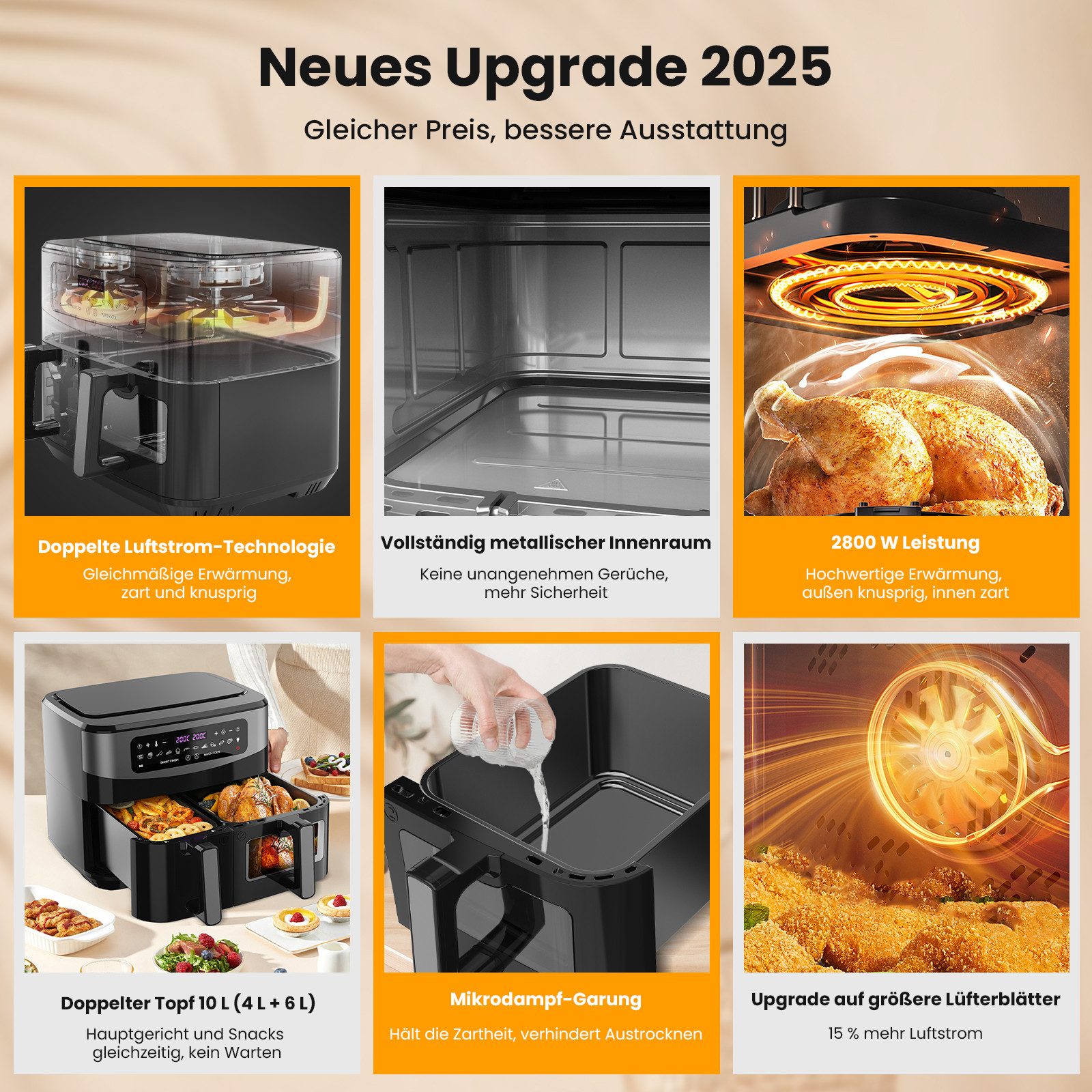 GIDGIMO Heißluftfritteuse 10L XXL Doppelkammer Heißluftfritteuse mit 230°C, 12-in-1 Programmen & Touchscreen – Smart&Match Funktion für gesundes, fettarmes Kochen ohne Öl, 2800 W, Fassungsvermögen: ‎10 Liter