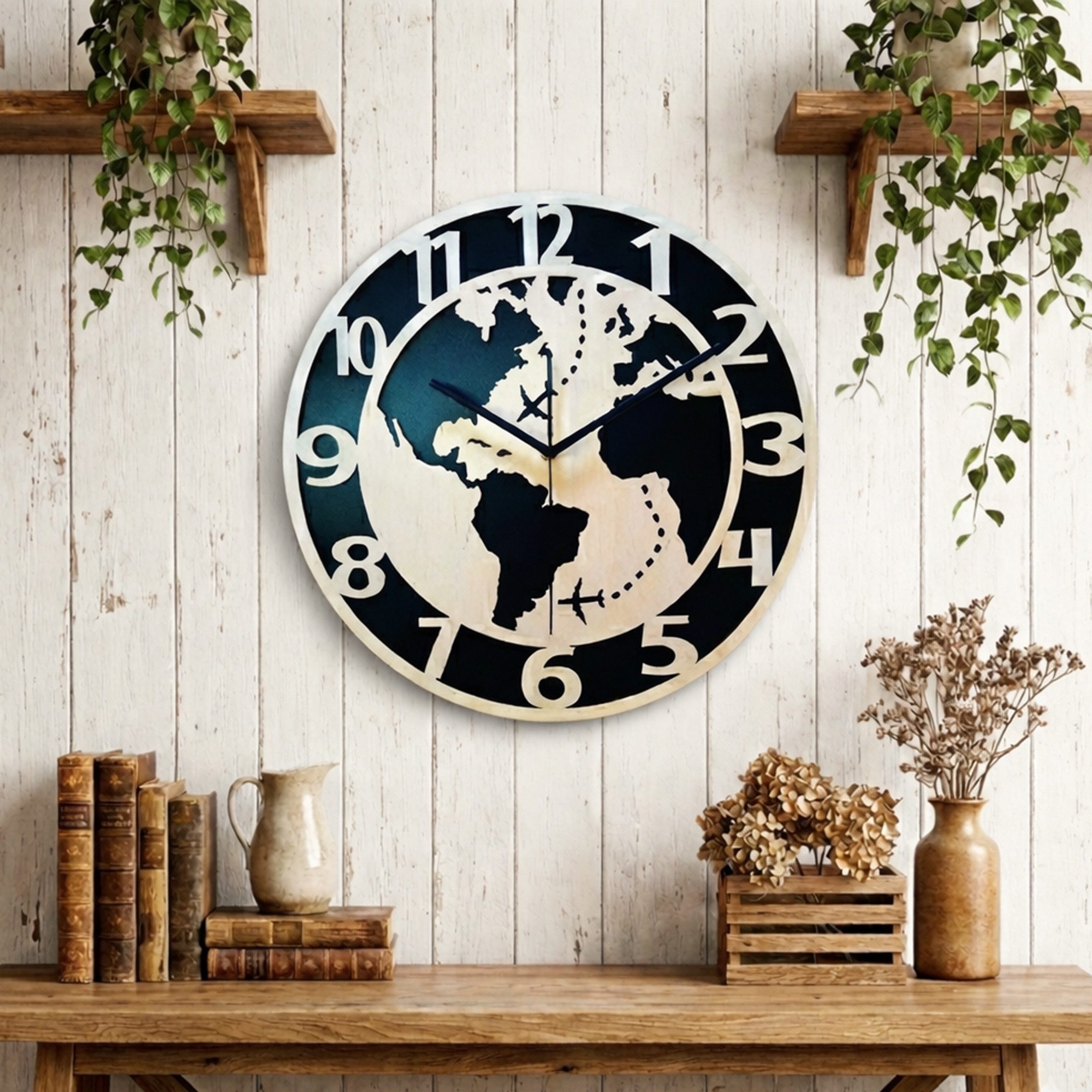 ORNAMENTI Wanduhr Dekorative Weltkarte, handgefertigte, Holz, Hingucker Wanddeko (lautlos, ohne Tickgeräusche, lesbare Ziffern)