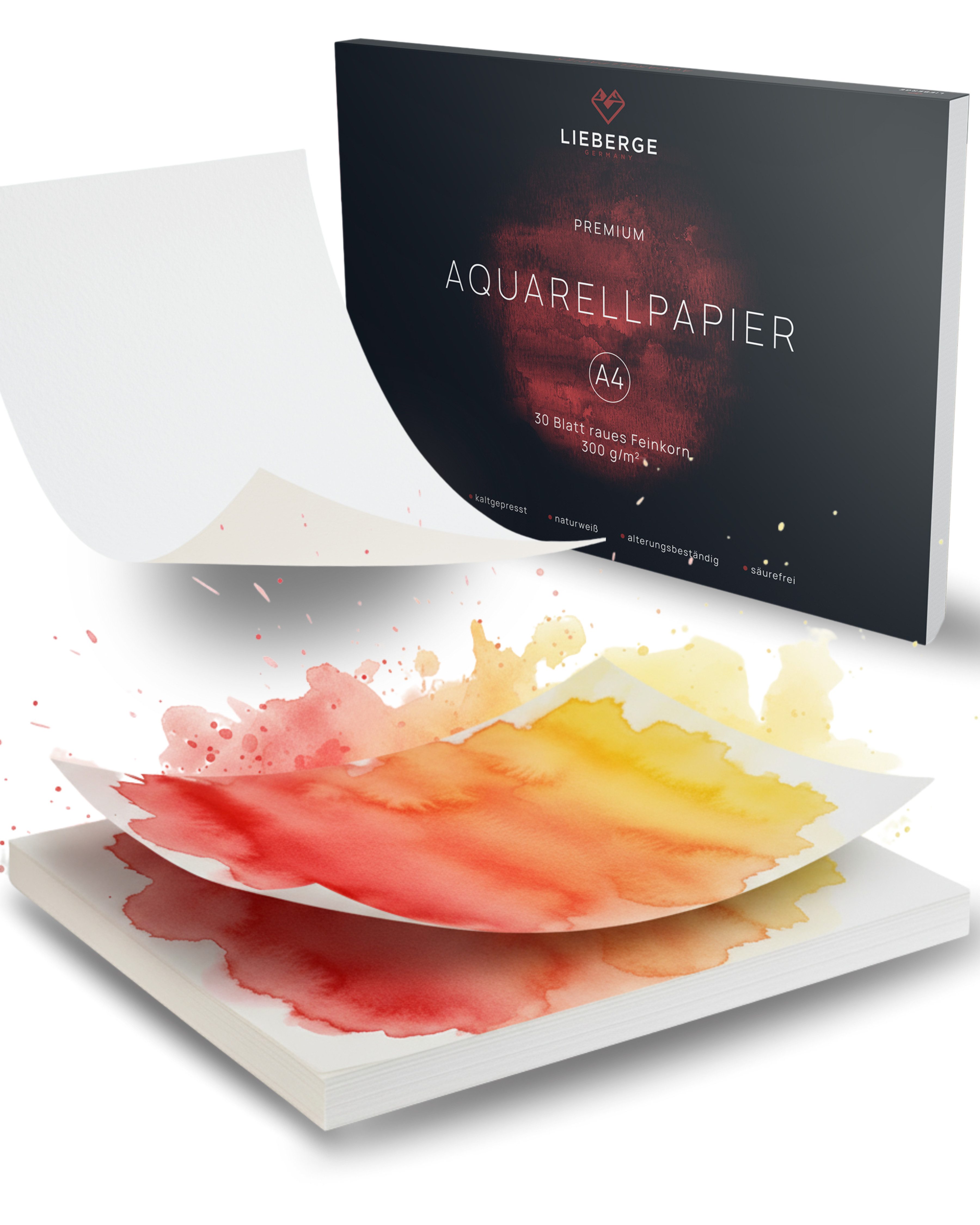 LIEBERGE Aquarellpapier Premium A4 300g – made in Germany – 30 Blatt verleimt, 300g/m², grobes Feinkorn, verleimt, für Anfänger, für Fortgeschrittene
