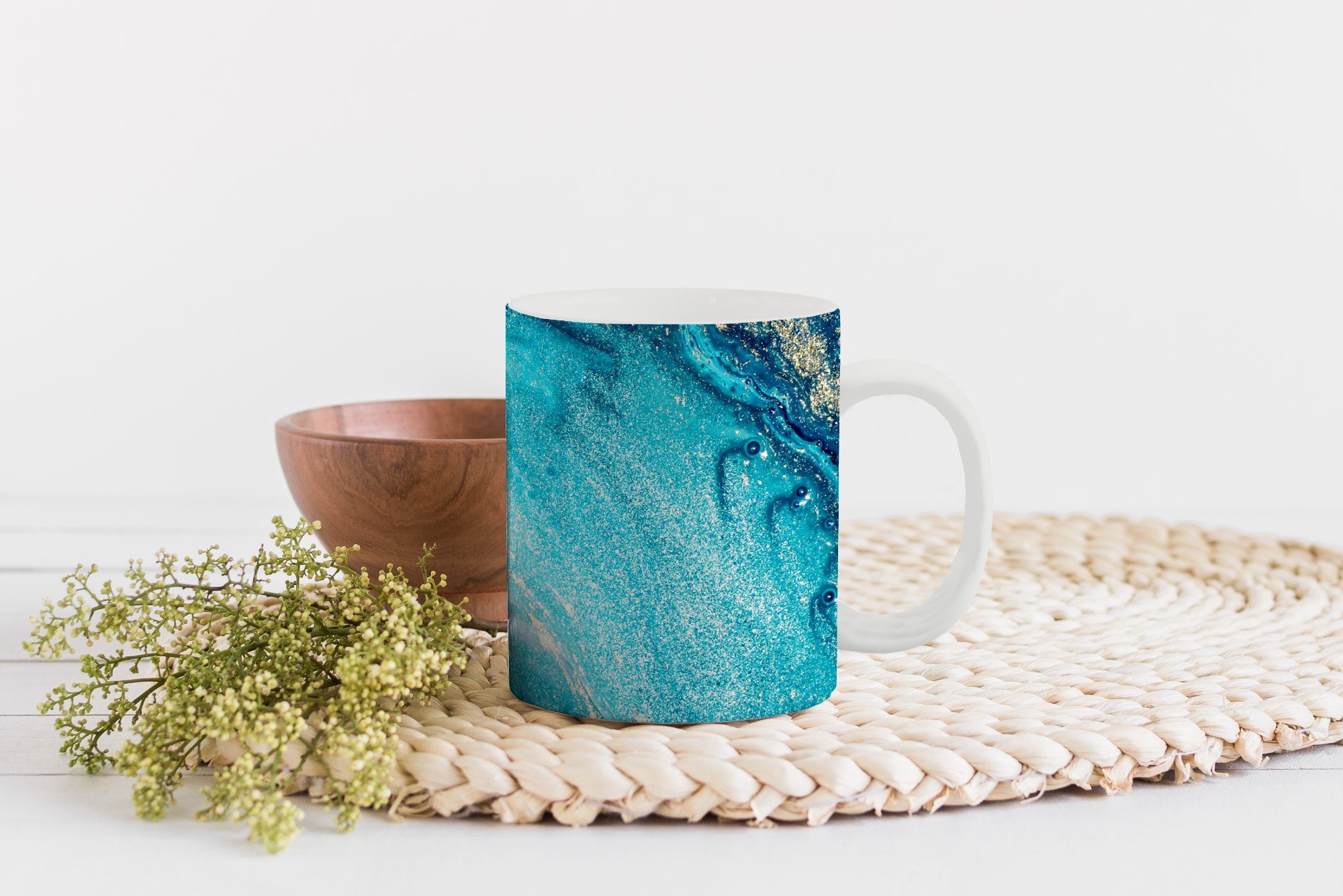 MuchoWow Tasse Marmoroptik - Geschenk Luxe Becher, - - - Keramik, - Marmor, Teetasse, Kaffeetassen, Gold Glitzer Blau Teetasse