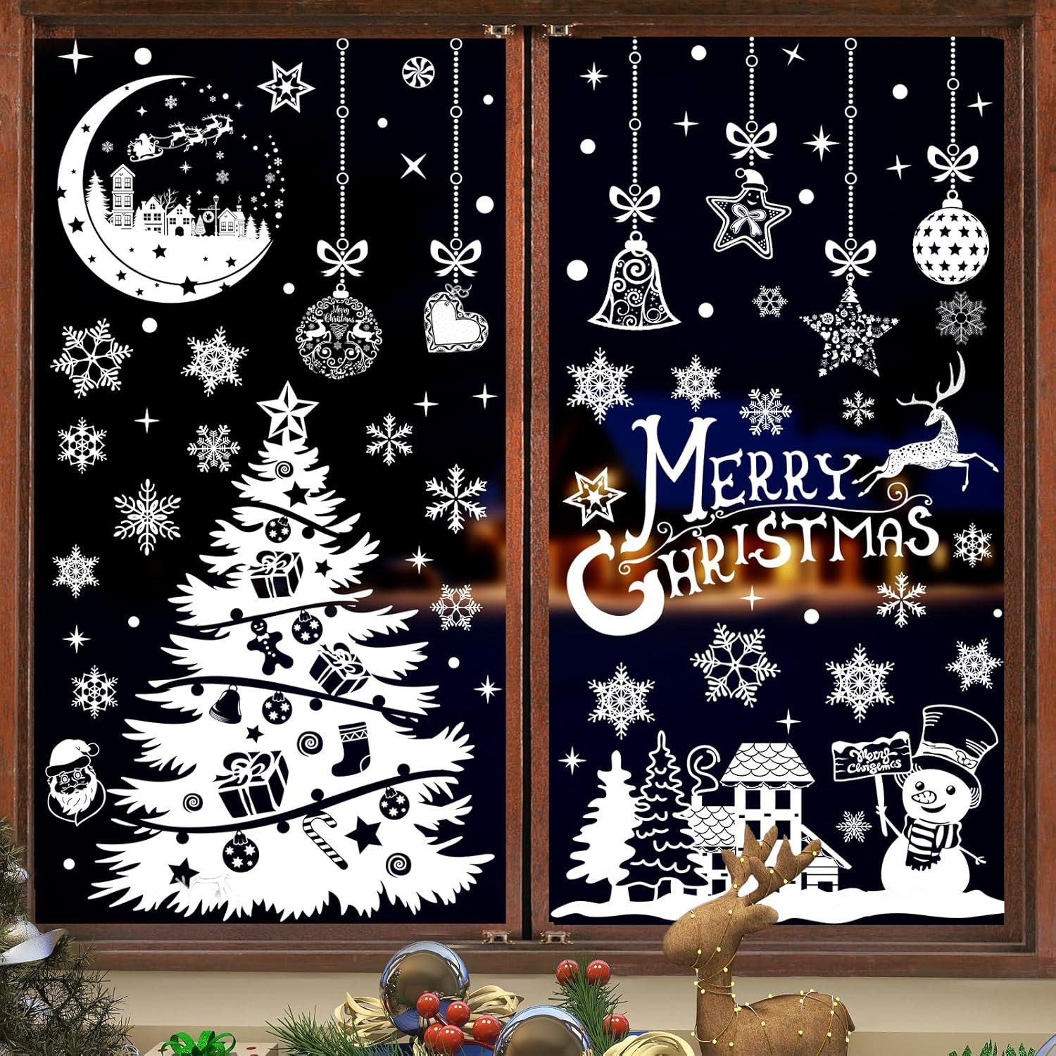 Refined Living Fenstersticker 9 Bögen Weihnachts-Fensterdeko mit 202 Motiven, Weihnachtsdeko, Schneeflocken Fensteraufkleber, (20 × 30 cm) wiederverwendbare statische PVC Fensterbilder mit Schneeflocken, Weihnachtsmann, Rentieren & Holzhütten – selbstklebend, doppelseitig bedruckt, wasserfest, Winter-Wunderland Deko für Fenster, Türen, Spiegel & Flächen