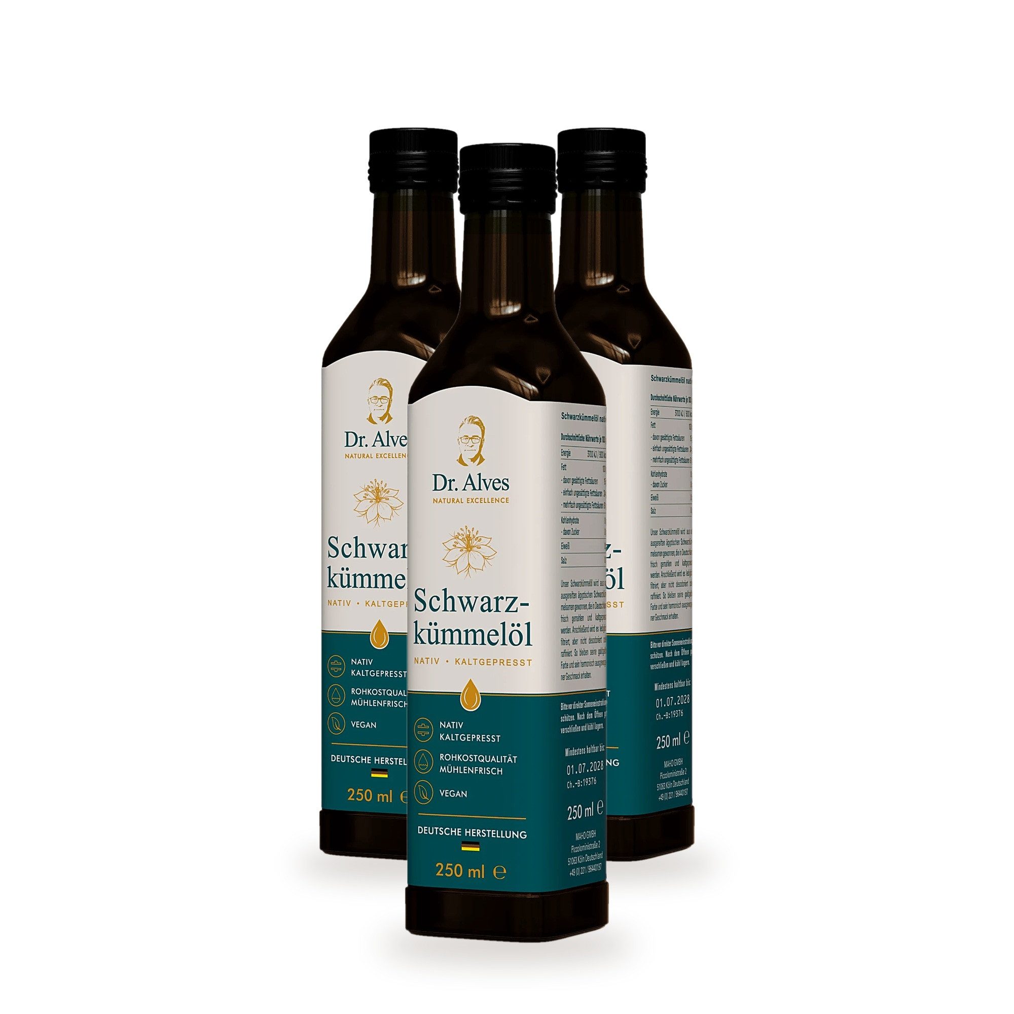 Dr. Alves Speiseöl Schwarzkümmelöl nativ, kaltgepresst & mühlenfrisch, 3 x 250 ml, (Vorteilspack), mild & goldgelb, mit Dosierausgießer