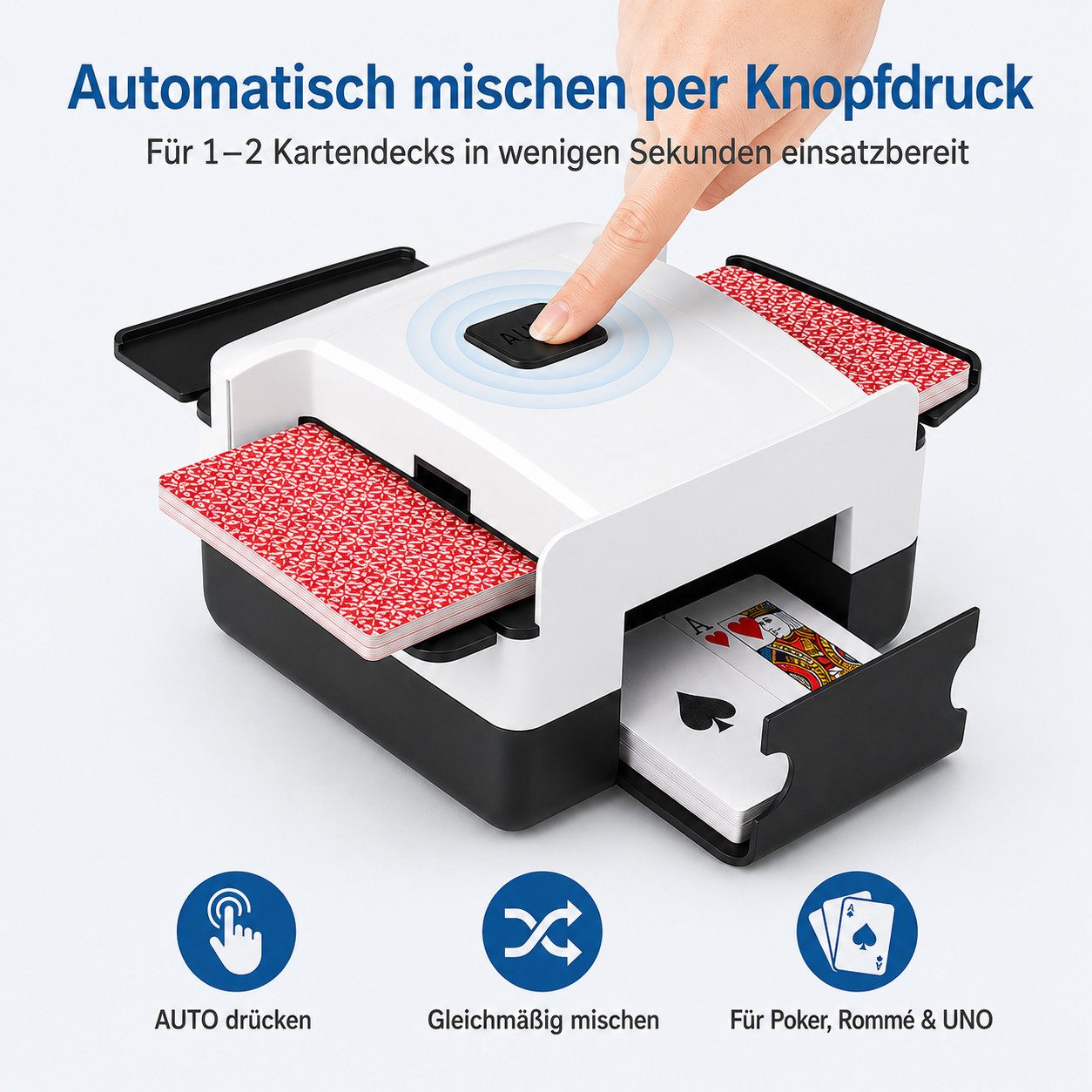 Tekoo Spiel Elektrische Kartenmischmaschine automatisch, USB-C Akku, 1-2 Decks, Elektrischer Kartenmischer, Faltbare Seitenflügel, geräuscharm, für Uno und Poker geeignet