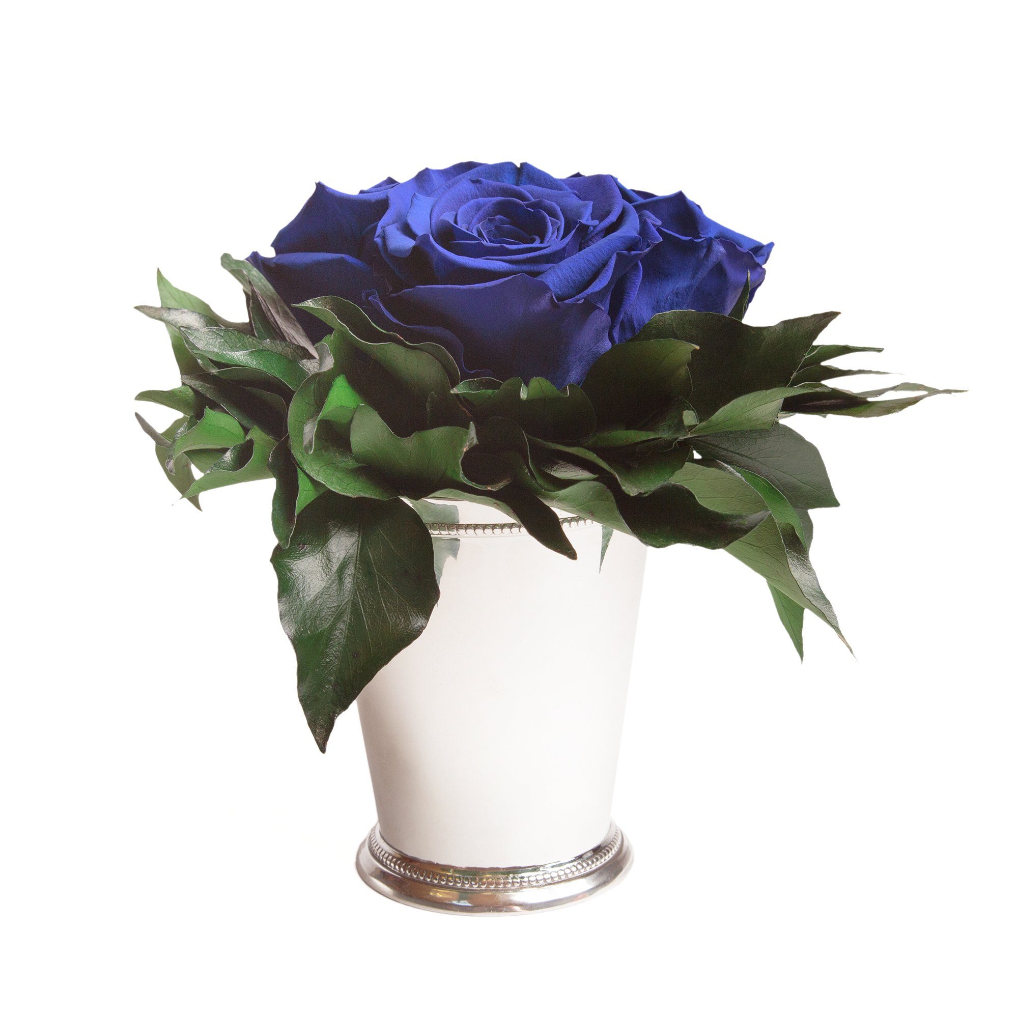 Kunstorchidee 3 Infinity Rosen silberfarbene Vase Wohnzimmer Deko Blumenstrauß Rose, ROSEMARIE SCHULZ Heidelberg, Höhe 15 cm, Rose haltbar bis zu 3 Jahre Blau | Kunstorchideen
