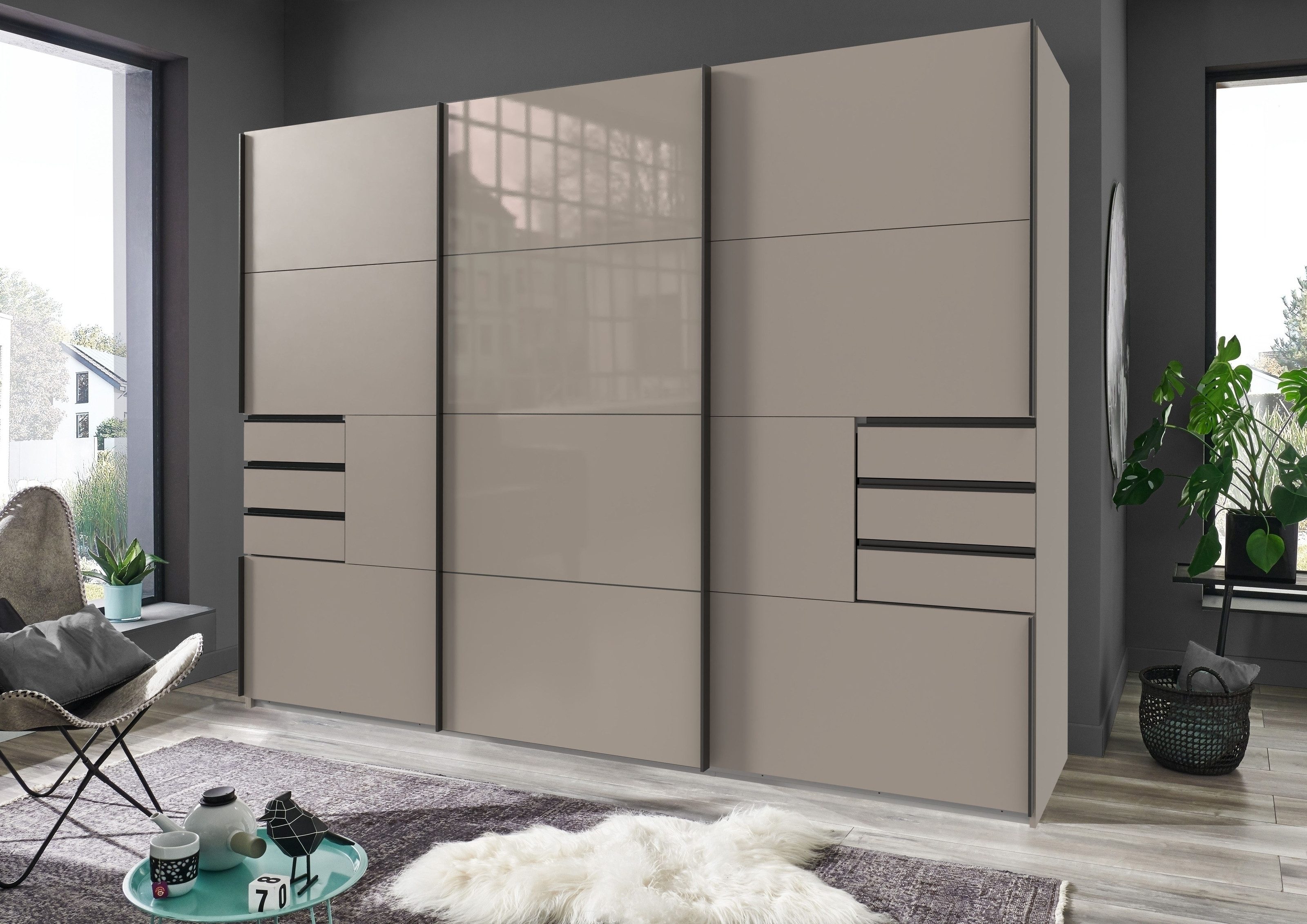 freiraum Schwebetürenschrank Saigon 6 Schubladen, SAHARAGRAU + GLAS SAHARAGRAU - 270x208x64cm (B/H/T)