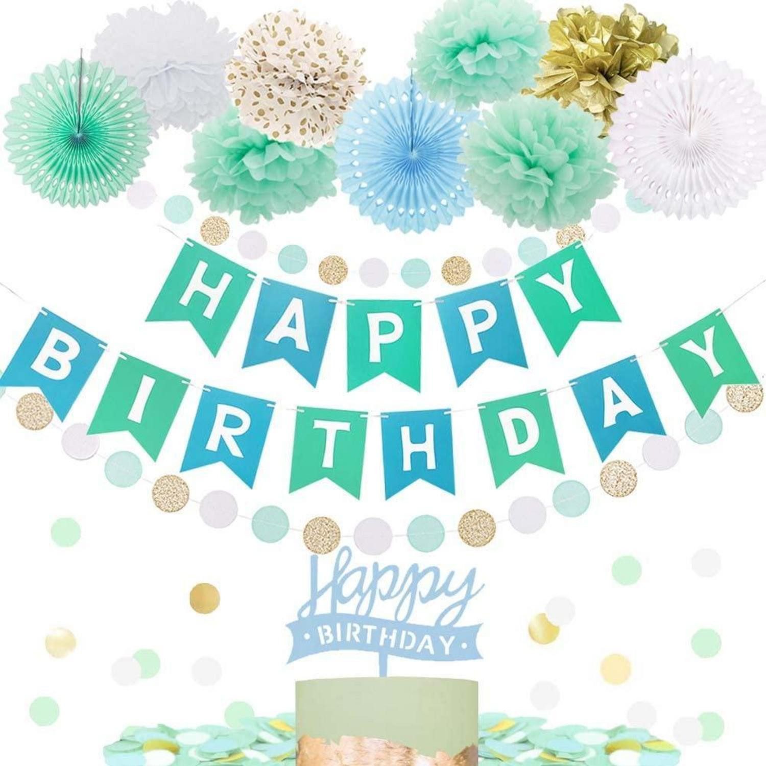 LuxusKollektion Girlande Geburtstagsdeko Set Mint Pastell Party Girlande Pompons