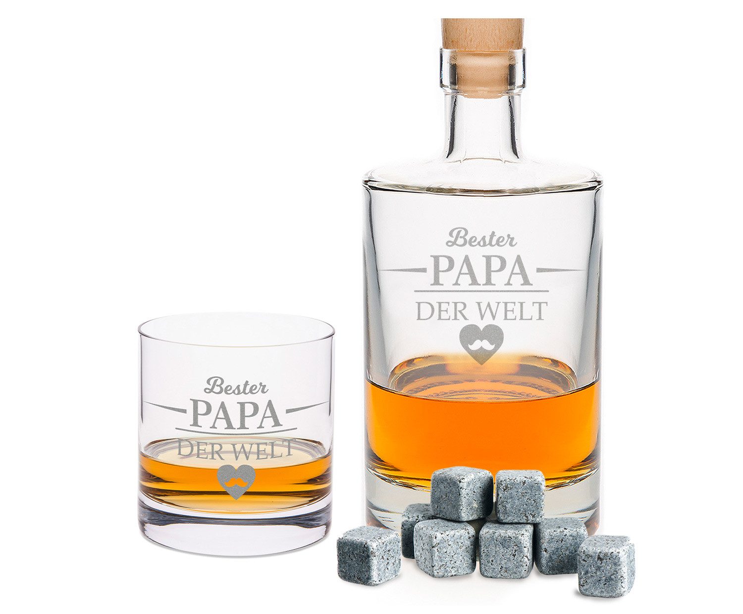 GRAVURZEILE Whiskyglas Set mit Gravur - Glas, Karaffe und Kühlsteine - Bester Papa der Welt, Geschenkset / Geschenke für Männer zum Vatertag und Geburtstag