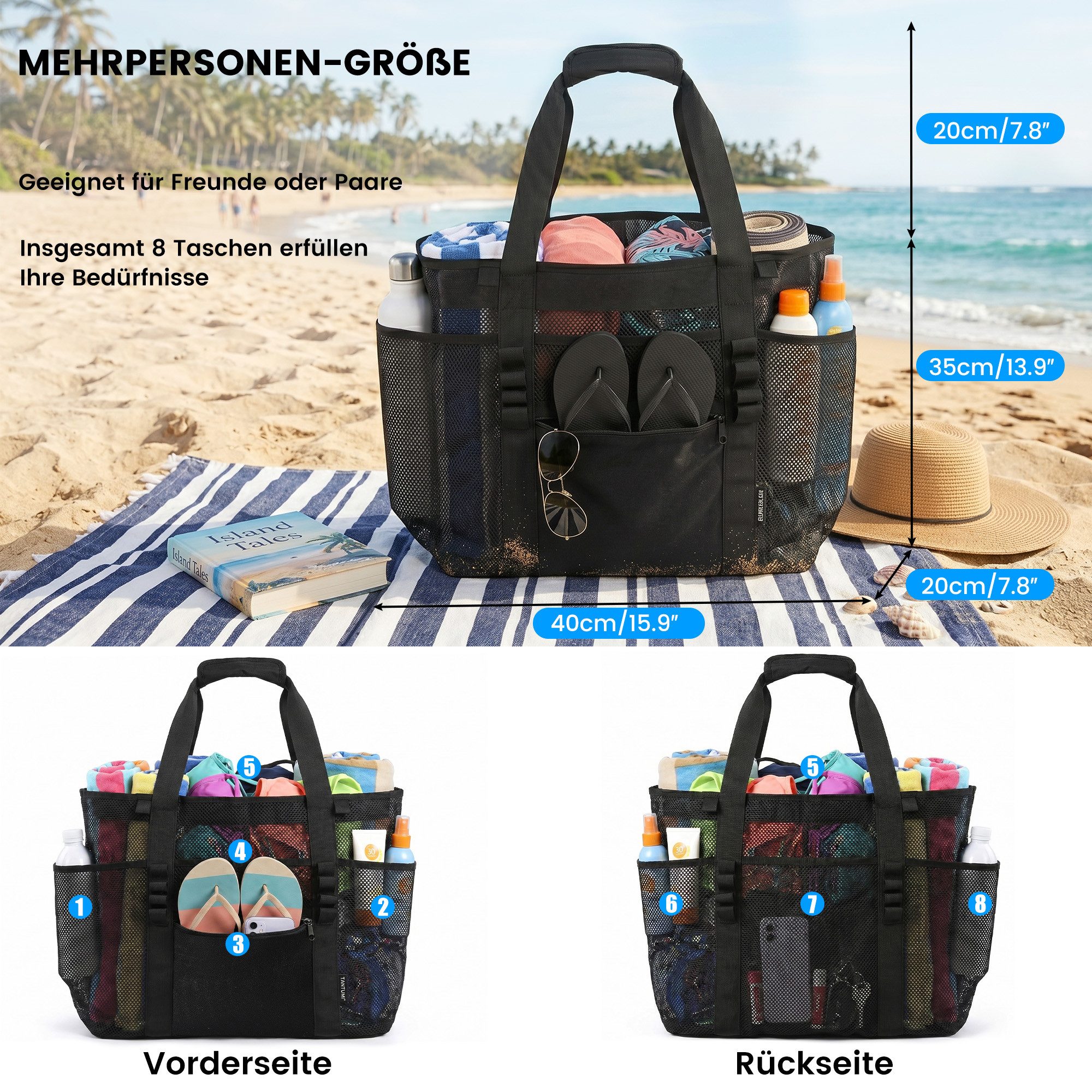 TANTOMI Strandtasche Große Strandtasche mit Reißverschluss mehreren Fächern Wasserdicht, Badetasche XXL Familie Reisetasche Beach Tote Bag – Bild 5 von 5