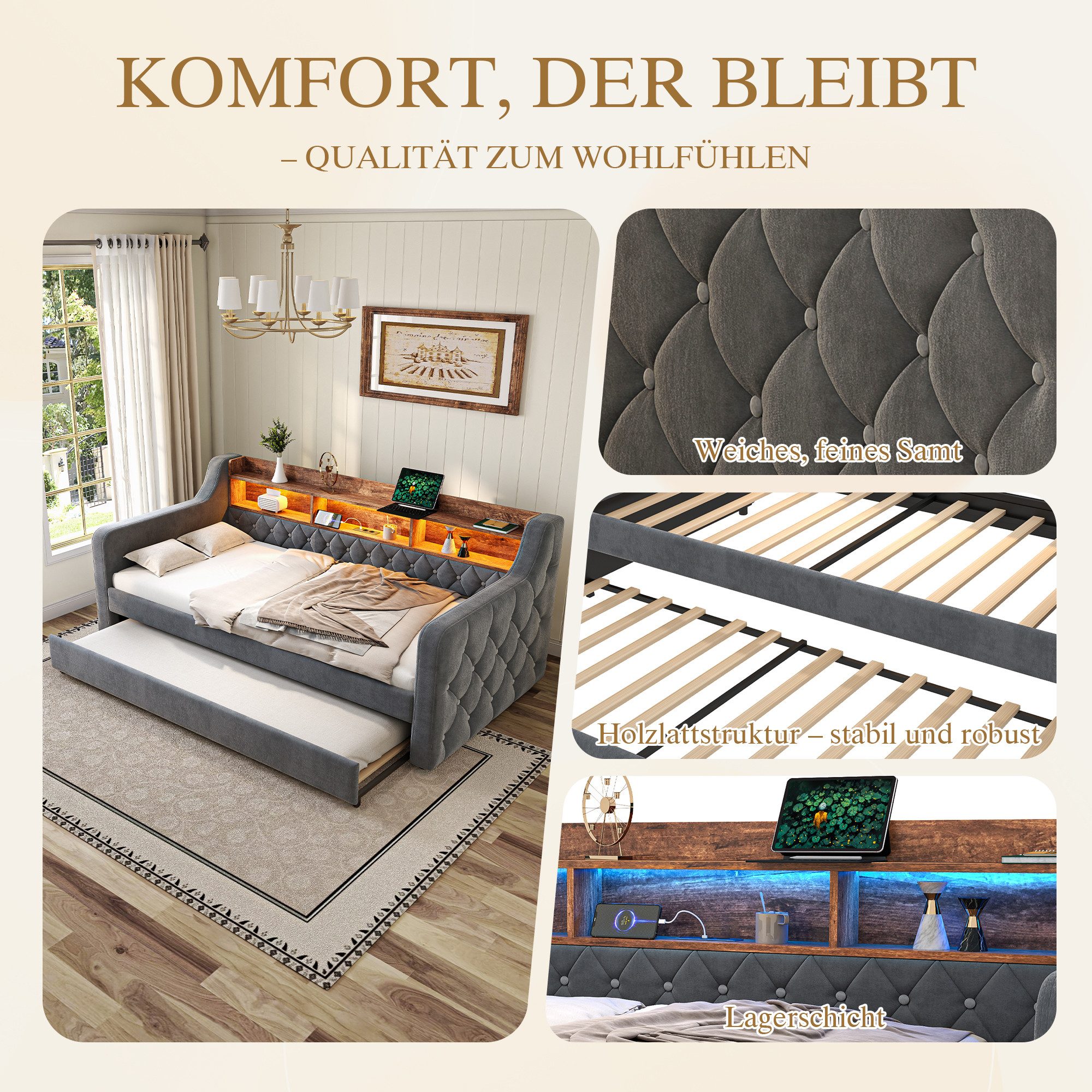Celya Polsterbett Schlafsofa aus Samt mit Stauraum (ohne Matratze mit LED-Ambiente und USB-C-Anschluss), Ideal für Schlafzimmer, Gästezimmer oder Jugendzim – Bild 5 von 5